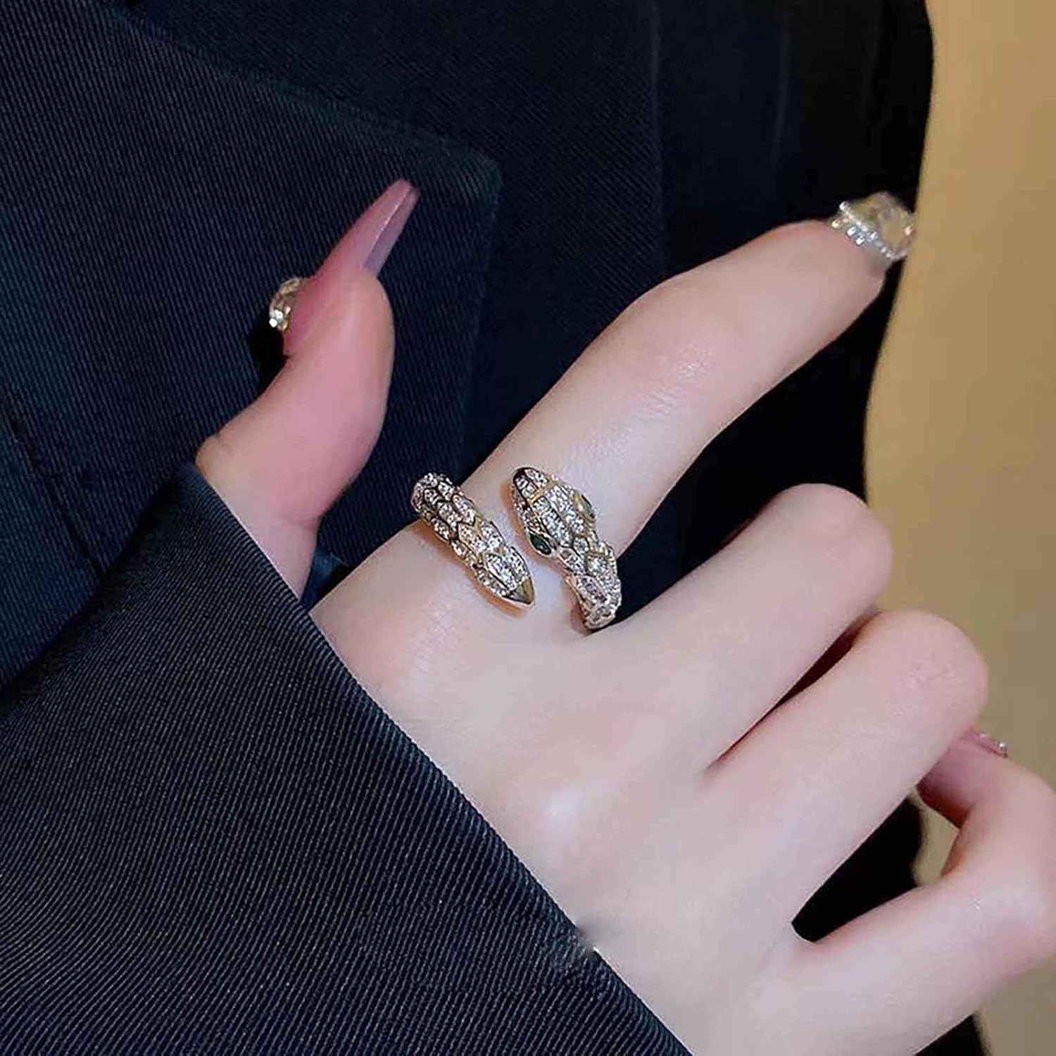 Boho Snake Wrap Open Ring Silver Crystal Snake Open Knuckle Ring Vintage Serpent Snake Finger Ring Snake Adjustable Stacking Ring Jewelry for Women - Image 2