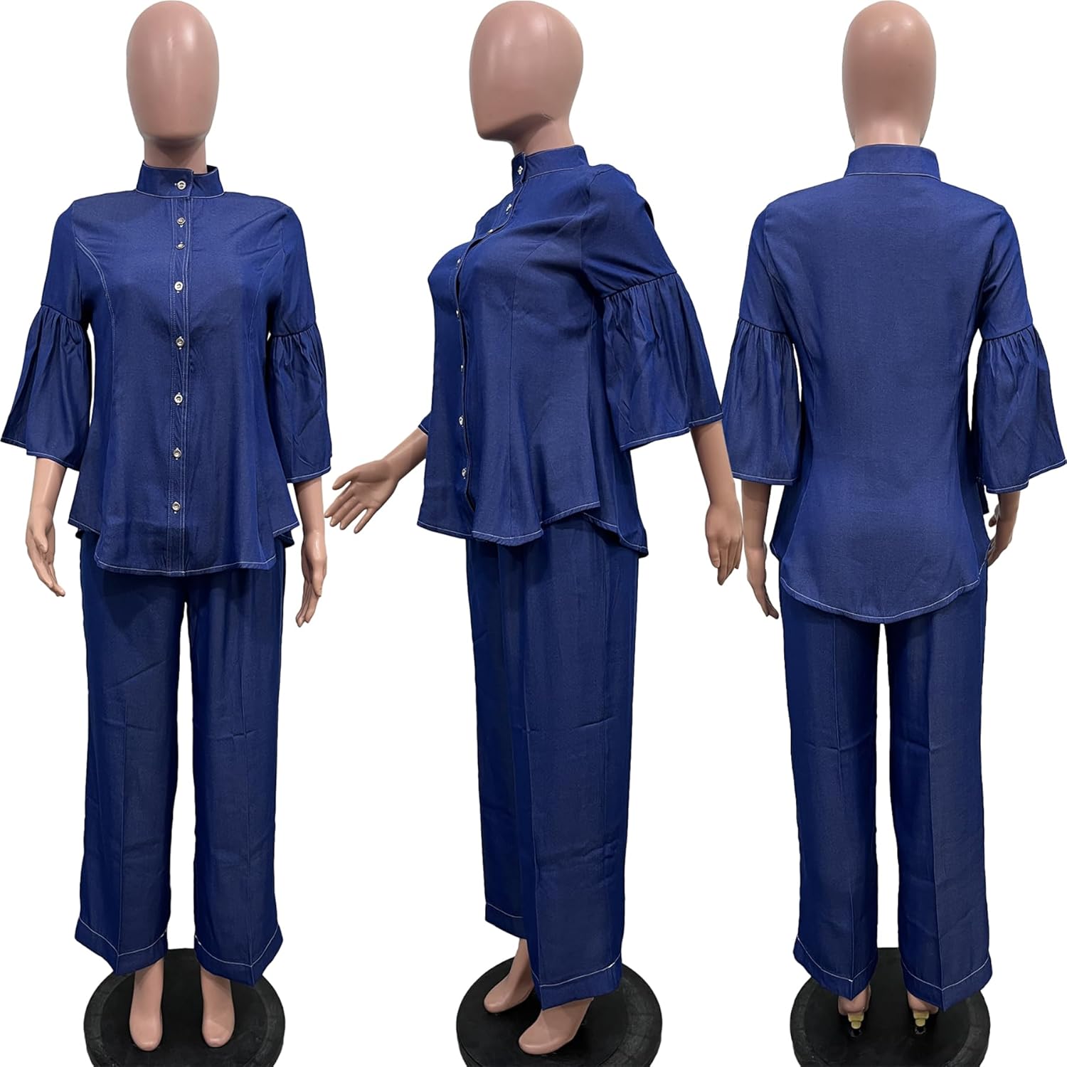 Women's Denim 2 Piece Outfits Flared Sleeve Button Down Shirt and Straight Long Pants Clubwear - Image 3