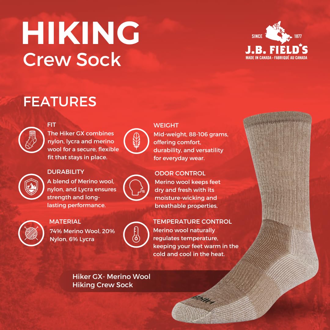 J.B. Field's Hiker GX 74% Merino Wool Hiking Crew Sock, All Season, Trekking & Outdoor Activity, 3 Pairs