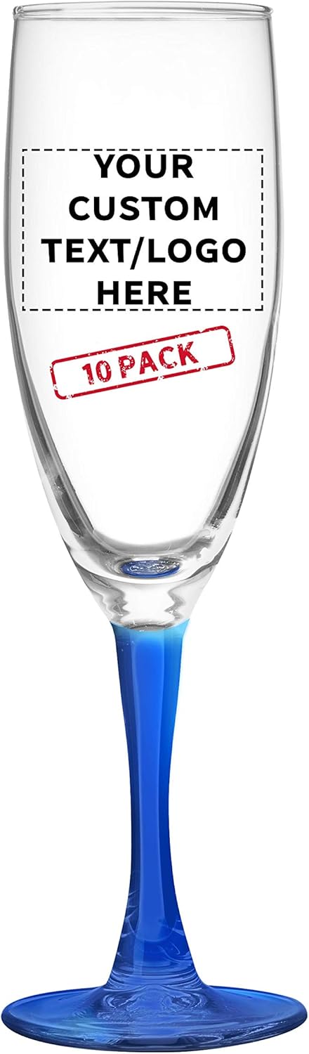 Custom Nuance Champagne Flutes by ARC 5.75 oz. Set of 10, Personalized Bulk Pack - Perfect for Hotel, Bar, Restaurant or Lounge - Blue