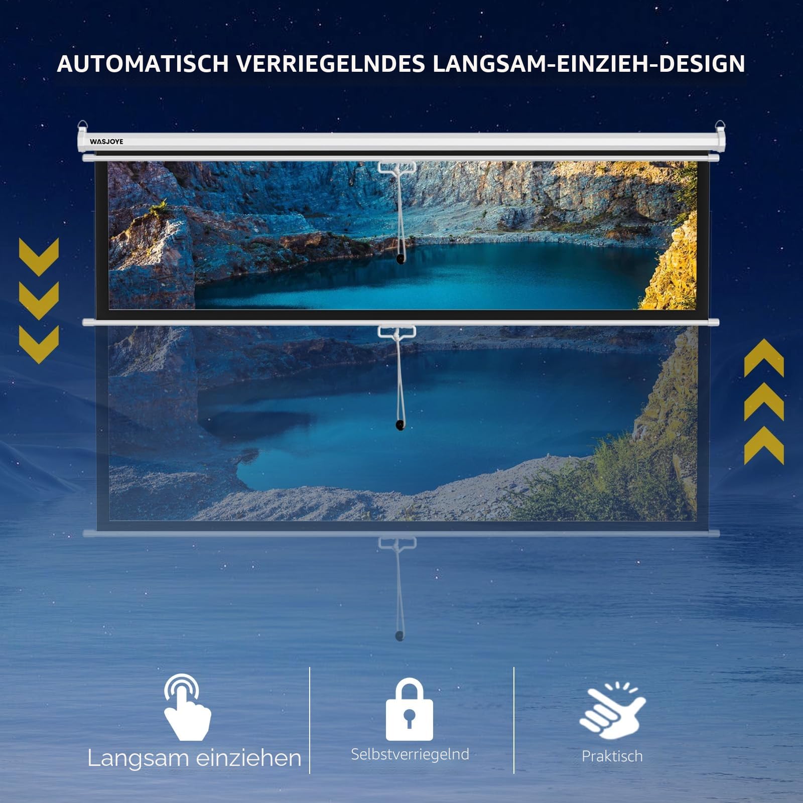 WASJOYE Manueller Leinwand Beamer Rollo mit Universal 120-Zoll Roll-Down einziehbarer manueller Projektionsschirm mit automatischer Verriegelung, Einstellbarer Bildschirmhöhe