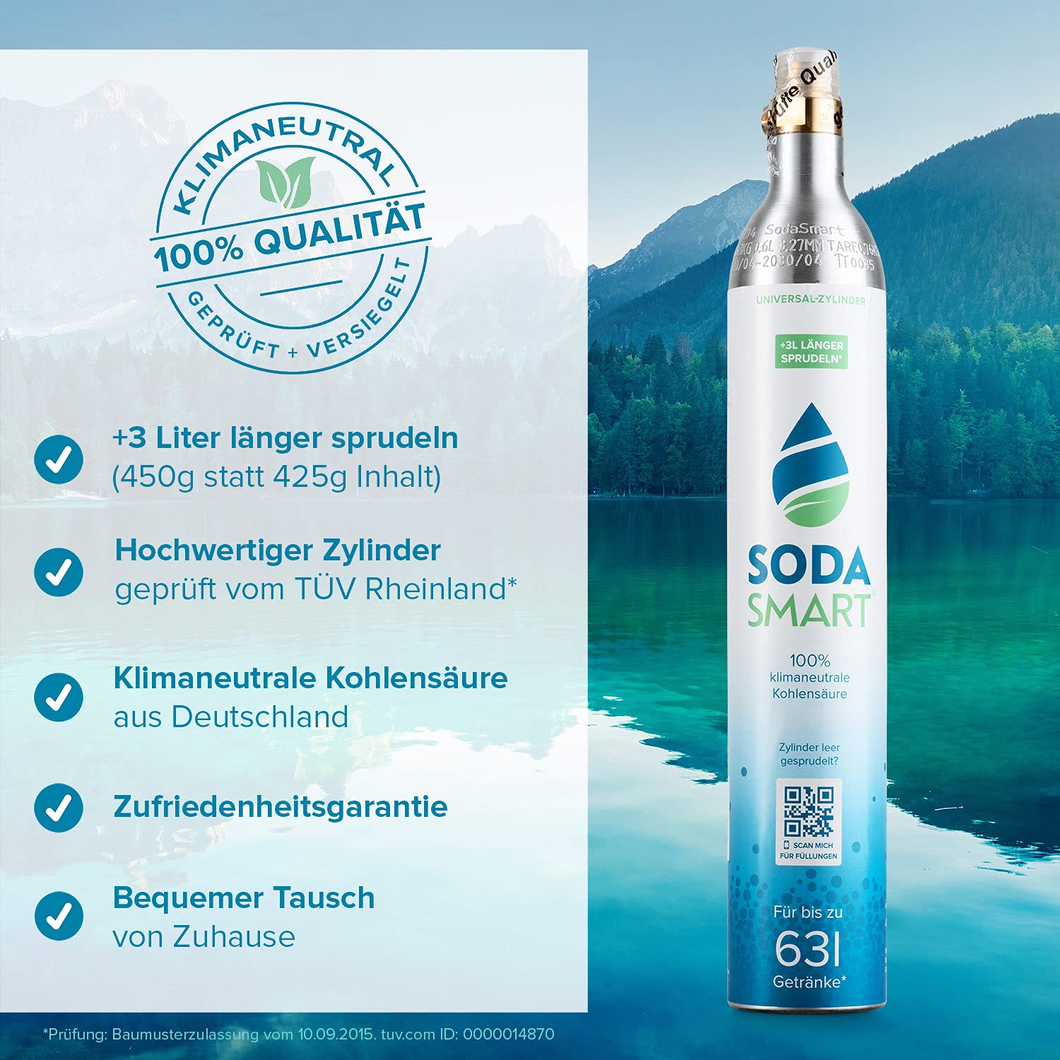 2X Premium CO2 Zylinder für SodaStream Crystal 2.0, Easy, Aarke uvw. Wassersprudler | Gefüllt mit 425g Kohlensäure +25g extra für mehr als 60l | Kohlendioxid-Zylinder als Reservepack