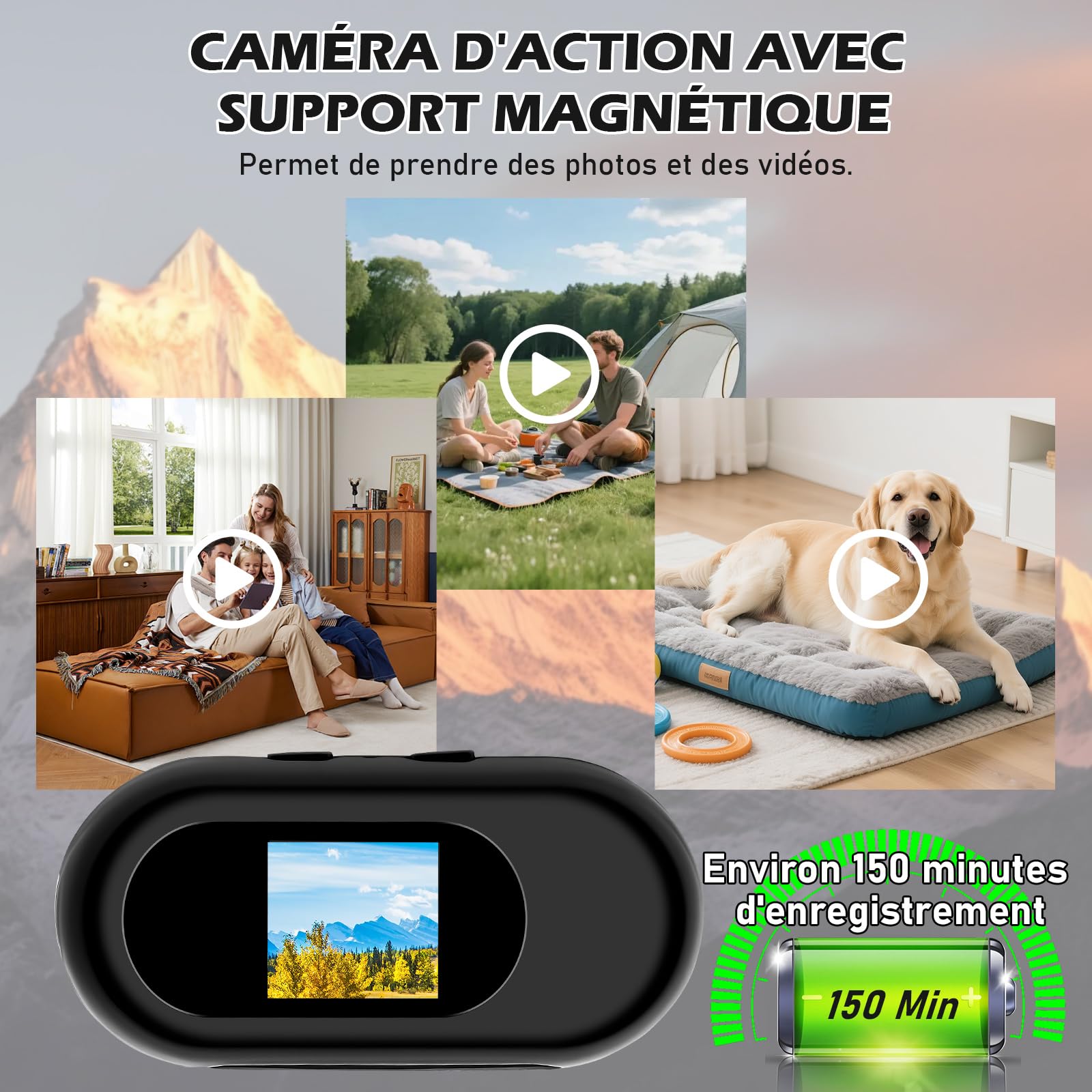 Caméra pour Moto, Mini Caméra d'action, Caméra Sportive POV à 120° | 28 g avec écran, fixation magnétique, autonomie de 2 heures, carte SD jusqu'à 256 Go, pour vélo, caméra de casque