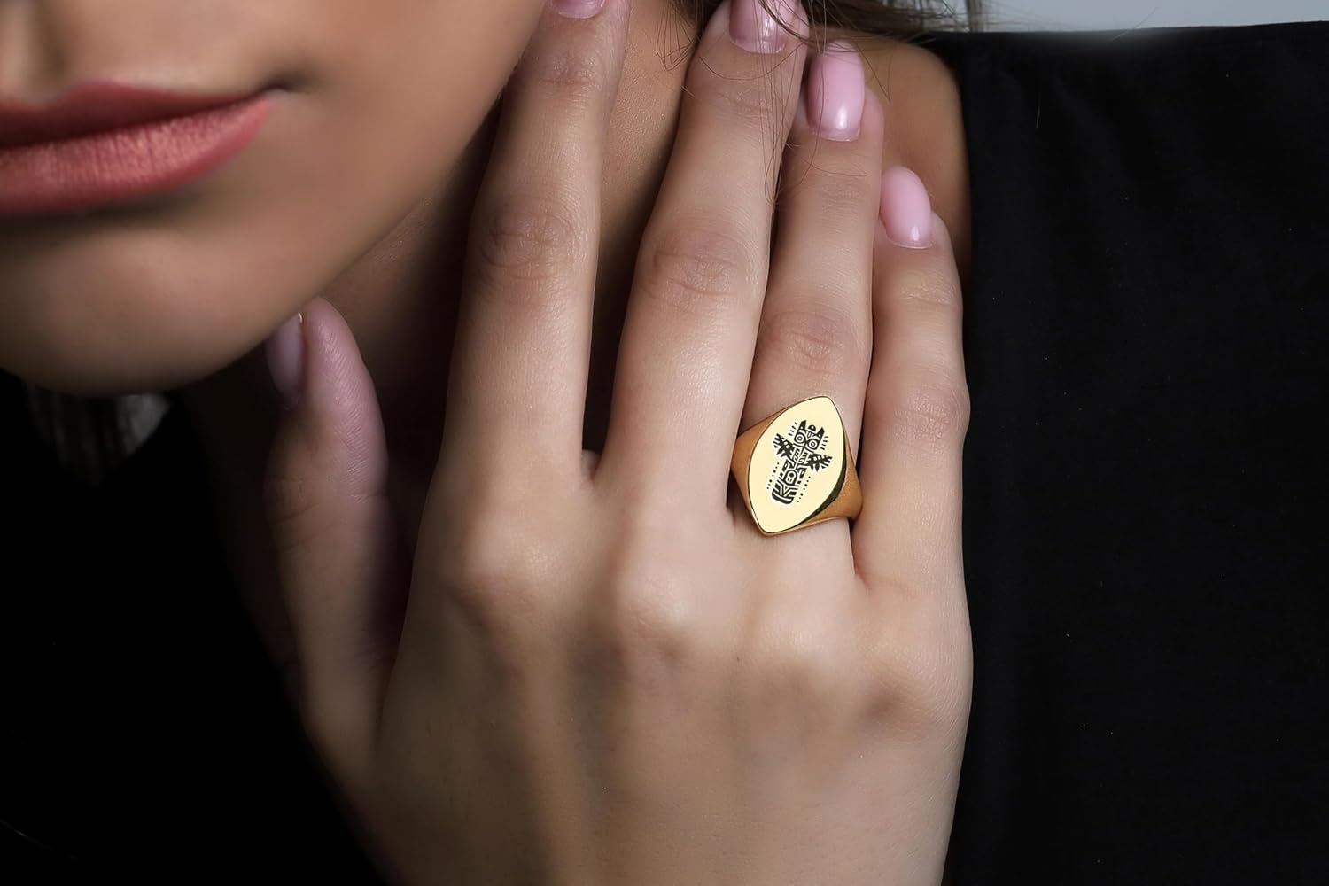 Engraved African Totem - Marquise Shaped Jewelry - Mystical Design - Bold Statement - Unisex Ring