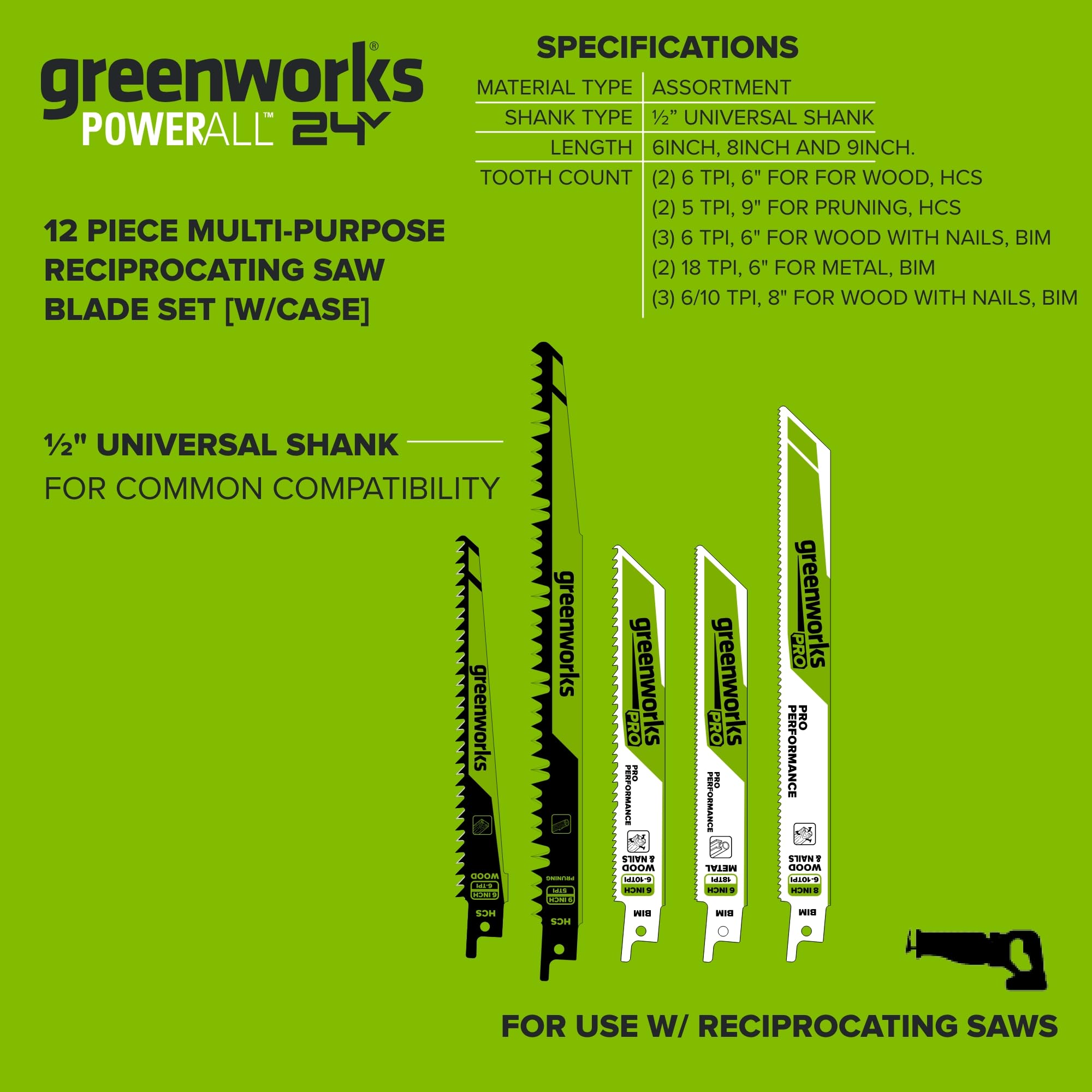 Greenworks PA53301A1 Lot de 12 lames de scie alternative multi-usages avec étui de transport
