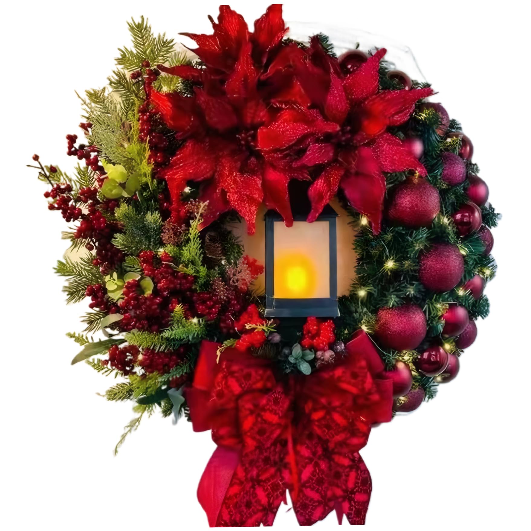 Christmas Wreaths for Front Door with Light & Bow Ribbon 16" Christmas Wreath Creative Artificial Door Wreath for Outdoor Indoor Decorations, Red