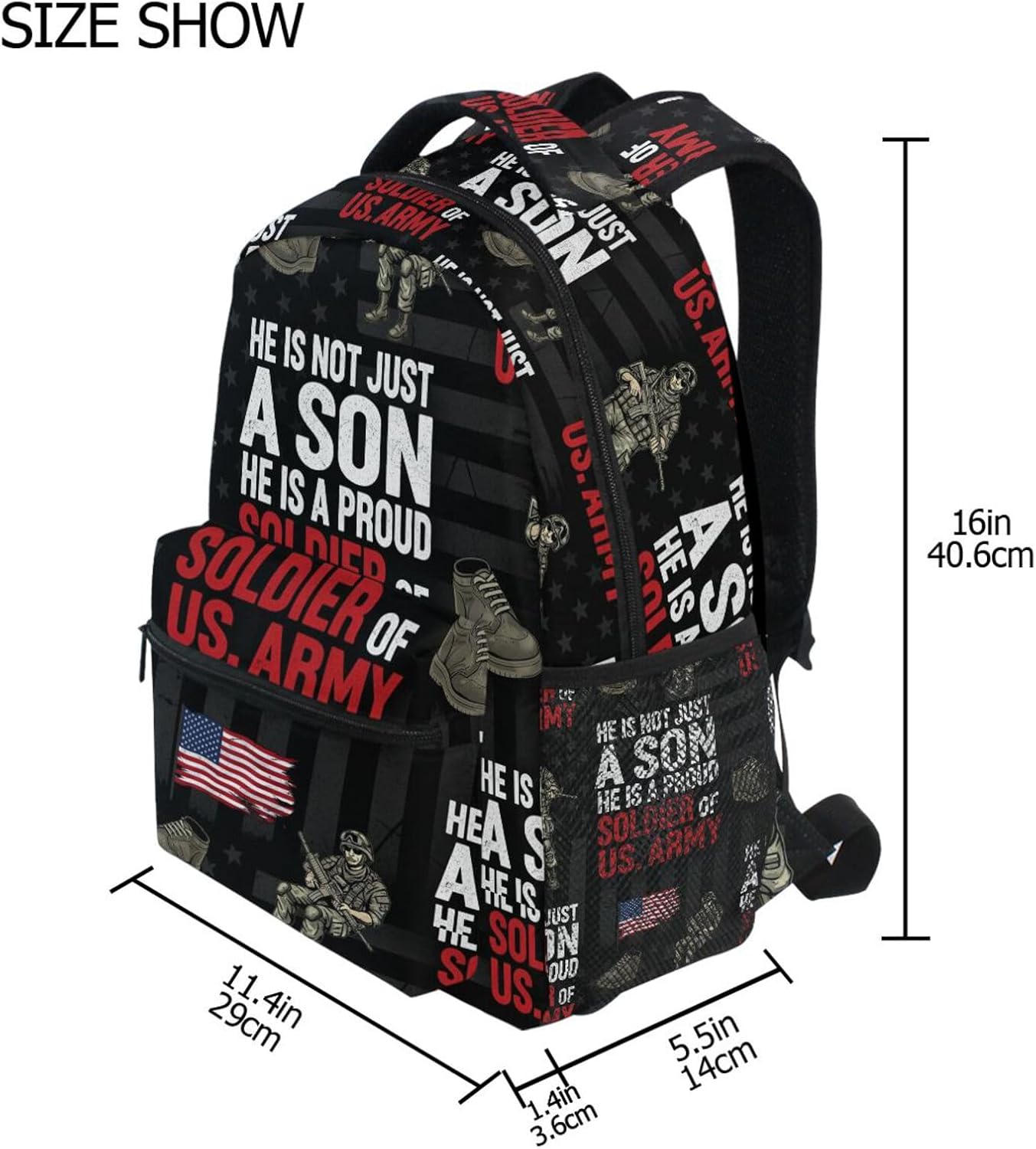 QUGRL Proud Soldier Of Us Army School Backpack for Girls Boys Veterans Day Large Bookbag Laptop Computer Bag Casual Hiking Travel Daypack Backpack Schoolbag for Teens College 16 Inch