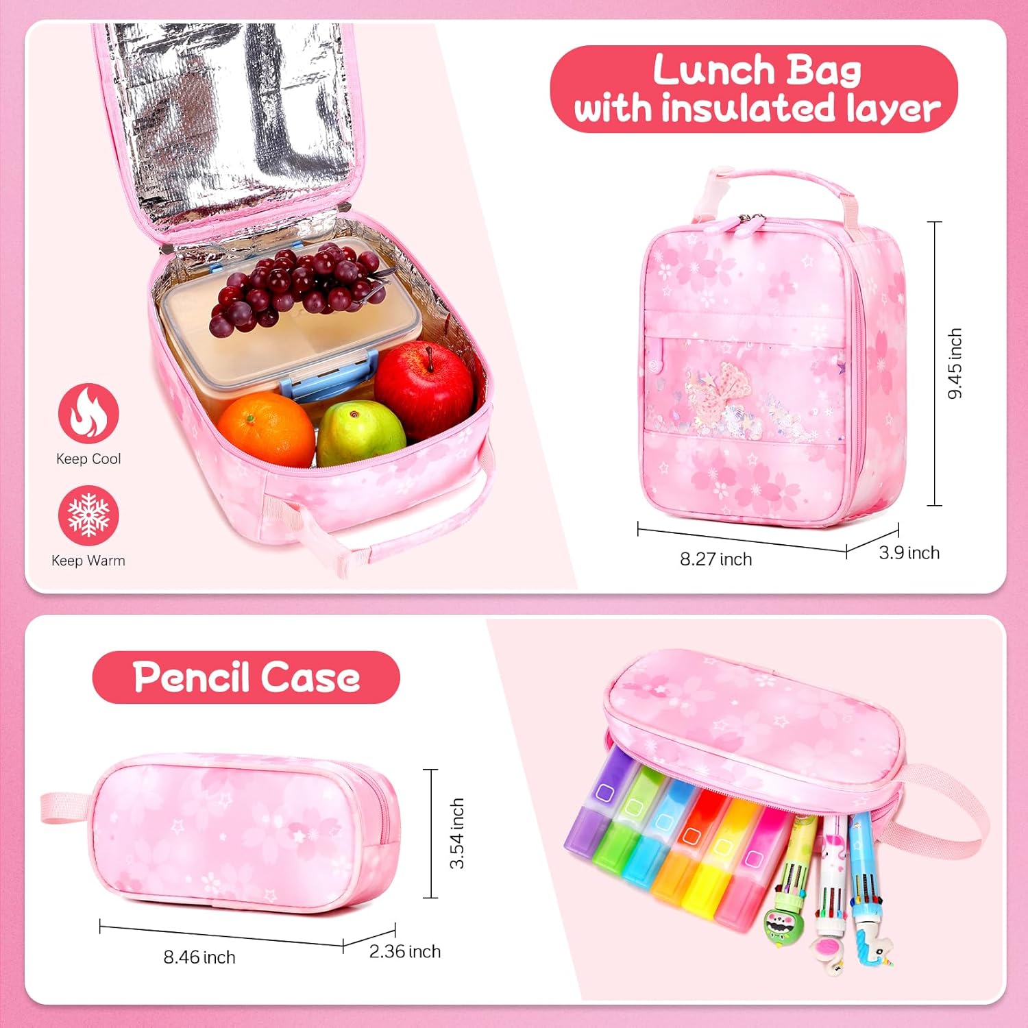 Backpacks for Girls, Girls Backpack with Insulated Lunch Box and Pencil Case for Kids Teens Elementary Middle High School Student, Cute Bow School Bag Travel Daypacks Book Bag Set (Pink)