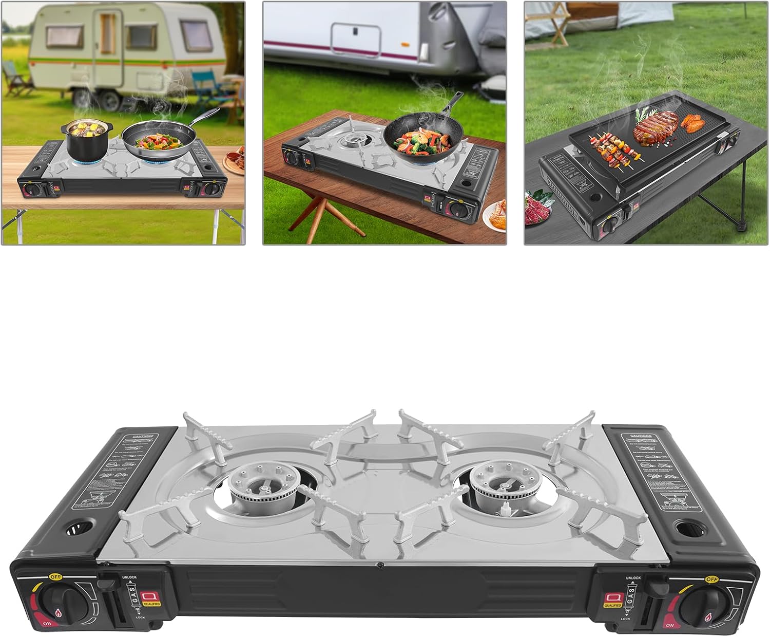 Butane Camping Stove Portable Camping Stove with Case & Push-Button, 2 Burner Camp Stoves Set with Cookware Includes Temperature Control Outdoor Cooking Kit for Cooking, Hiking, Backpacking