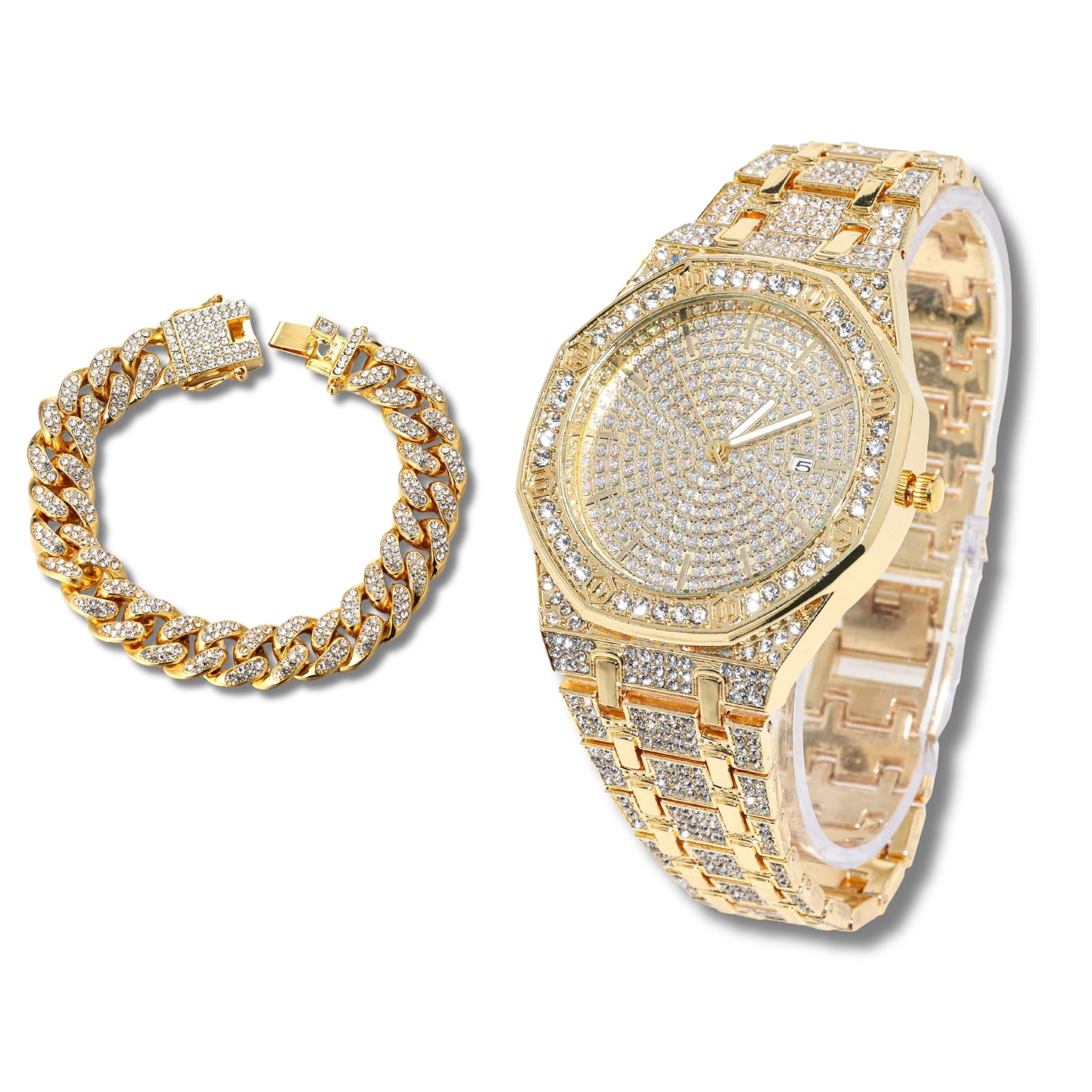 Reloj de diamantes de lujo para niños y adolescentes, chapado en oro real de 18 quilates, correa de esfera octogonal de 38 mm, herramienta de ajuste incluida, opcional con cadena cubana