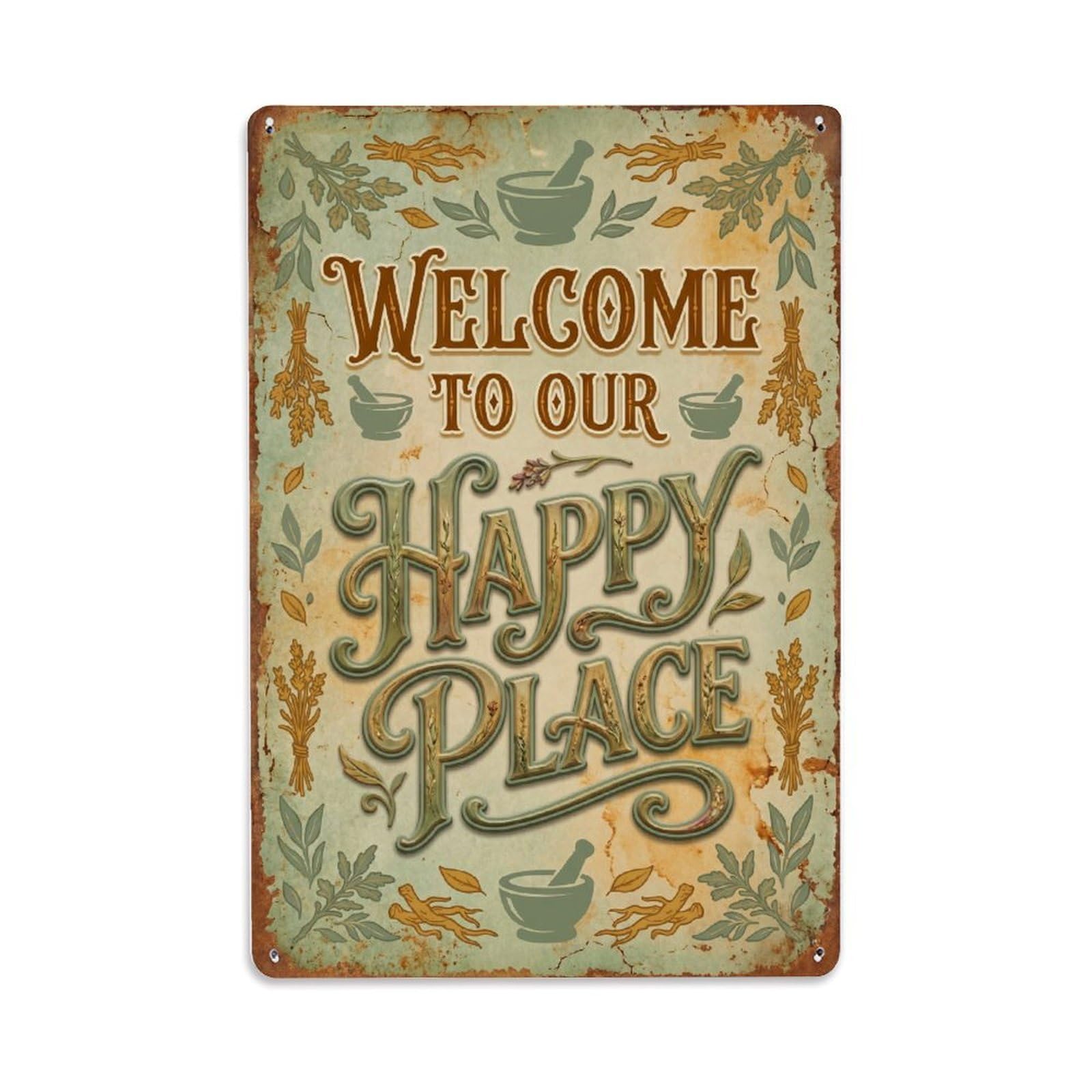 Welcome To Our Happy Place Apothecary Shop 1 Metal Tin Sign Plaque Wall Decor for Cafe, Club Bar, Office, Home Garden Metal Poster 8x12Inch