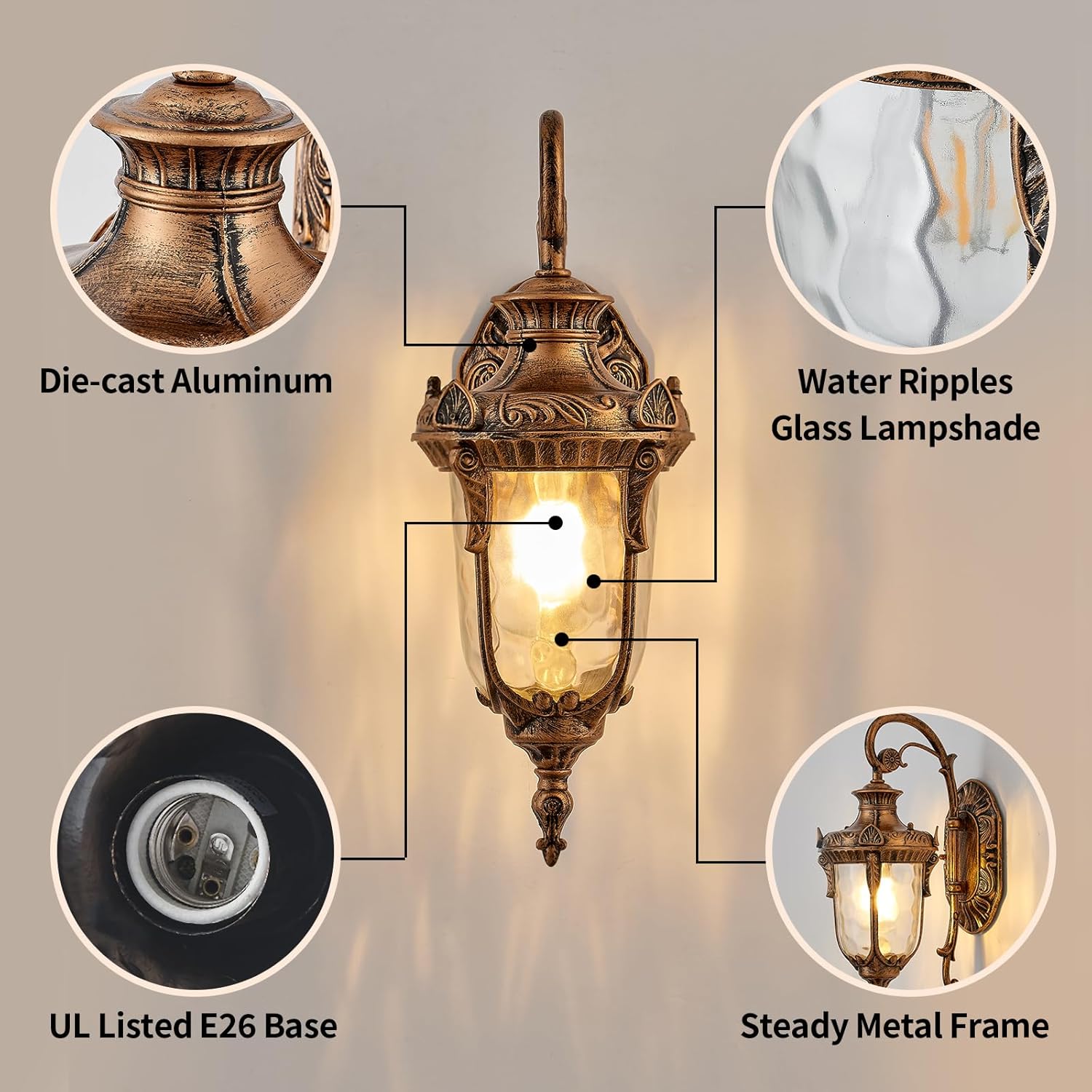 Outdoor Wall Light Fixtures 16.95" Outside Wall Lantern Gold Waterproof Exterior Porch Lights with Hammered Glass Shade Wall Sconce Light for House Front Door Garage Doorway Patio Yard Street