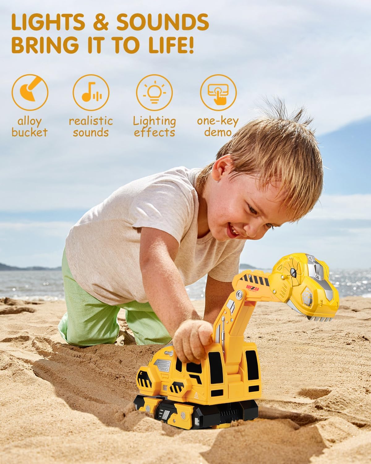 Remote Control Excavator Toys for Boys 4-7, Construction Trucks 2.4GHz RC Excavator with Light and Sound, Dinosaur Toys for Kids 3-5, Christmas Birthday Gifts for Kids (Yellow)