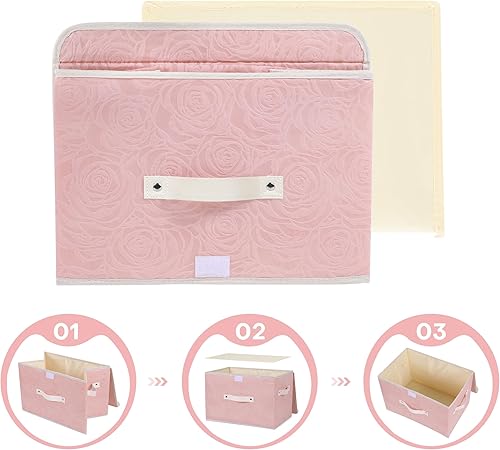 Miniatura 4 de ANMINY Contenedor de almacenamiento de tela con tapa, caja de almacenamiento con estampado de rosas con asas de piel sintética, lavable, tablero de