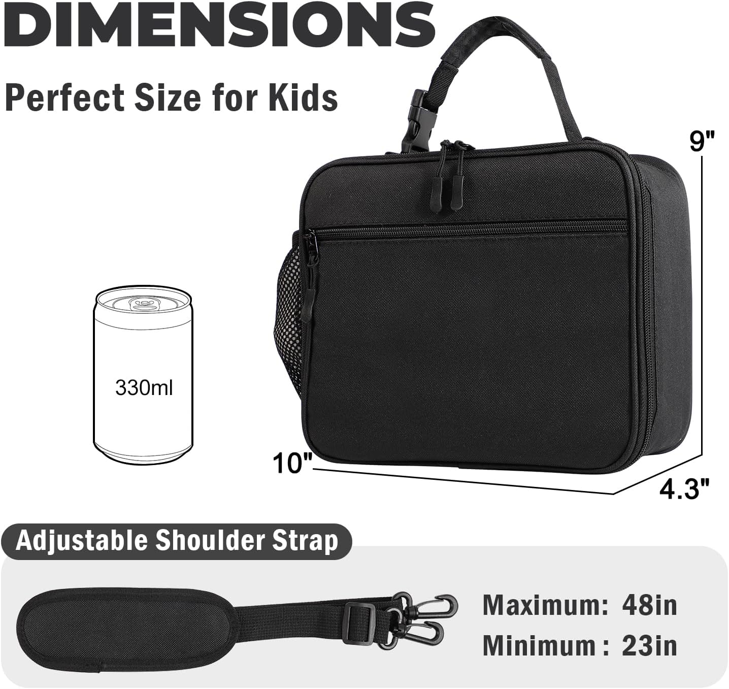 Kids Lunch Box Kids Lunch Bag for Girls Boys, Insulated Lunch Bag for Men with Shoulder Strap, Small Lunchbox for Girls School Travel Picnic (Black) - Image 3