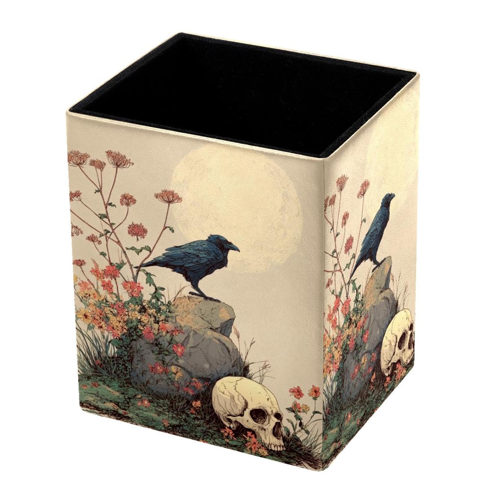 VAPOKF Pencil Holders for Desk, Crow and Skull Printed Pen Holders Pen Pot Makeup Brushes Storage Desktop Stationery Supplies Organiser for Home Office