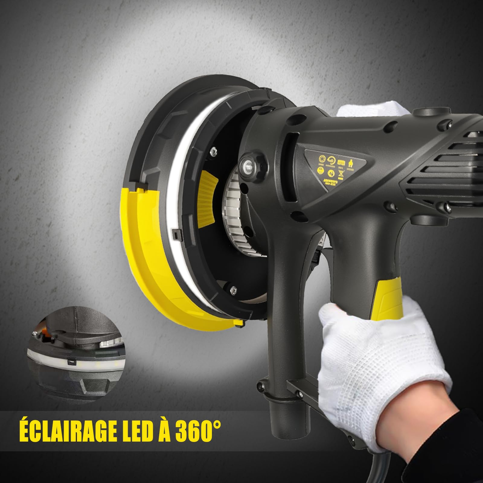Ponceuse murale pour cloisons sèches, 710W Moteur électrique 1200-2700TR/MIN, vitesse variable, aspiration réglable, grosse et fine abrasion, 10 disques à poncer，avec lumière LED