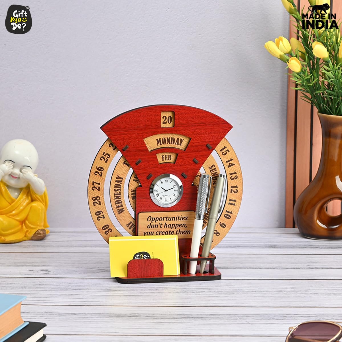 GKD Calendar of lifetime, calendar 2025 desk organizer round table calendar and pen stand with clock wooden premium antique look for office decor,corporate gifts (Red Eco friendly)