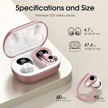 Wireless Earbuds, 2023 Bluetooth Headphones 5.3 Sport, 50H Ear buds with Earhooks, Dual LED DisplayBluetooth Earbuds, Stereo Noise Cancelling Headphones, IP7 Waterproof Running Earphones, Rose Gold