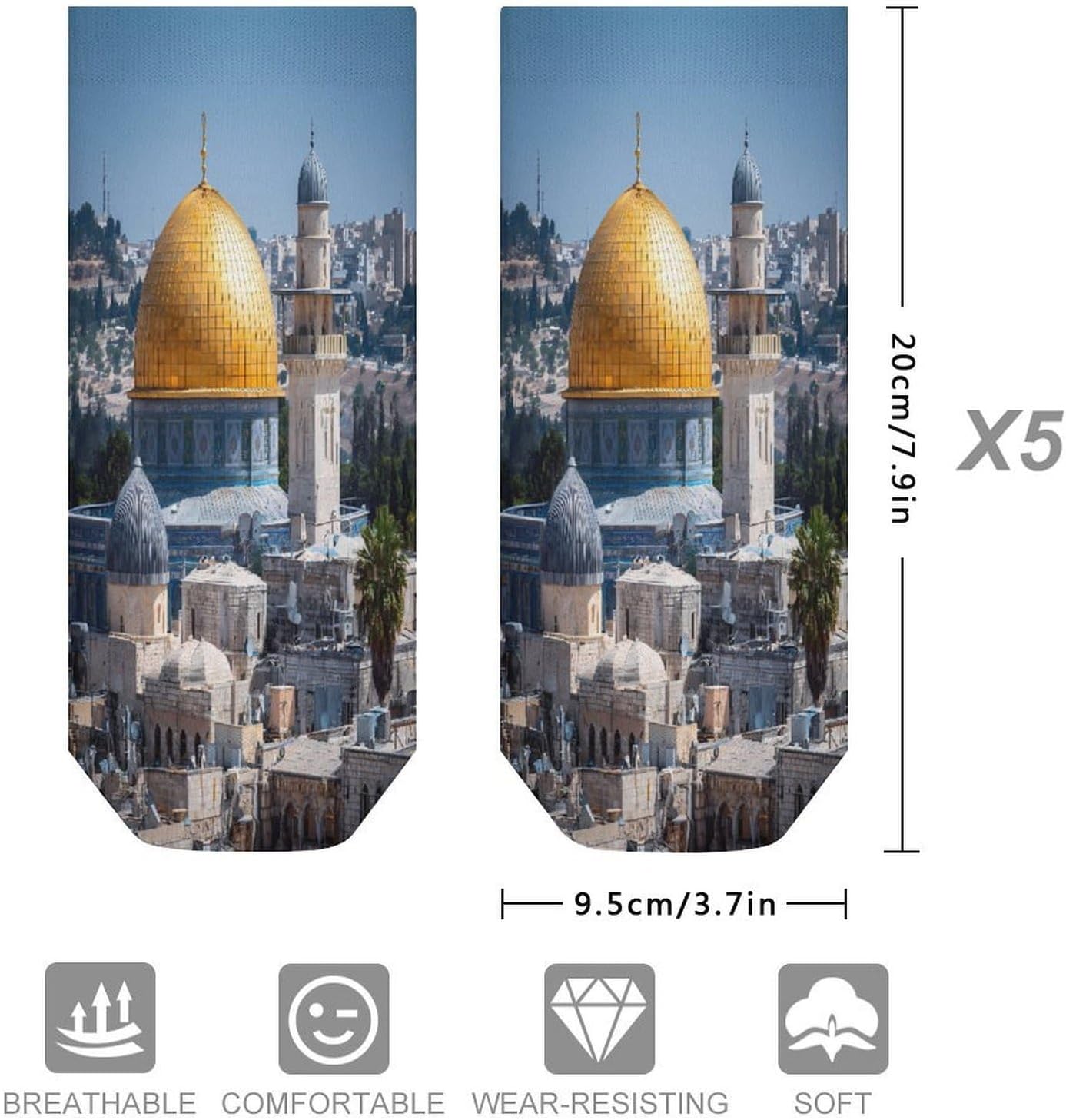 Jerusalem Al Aqsa Mosque Socks for Men Women 5 Pairs Ankle Socks
