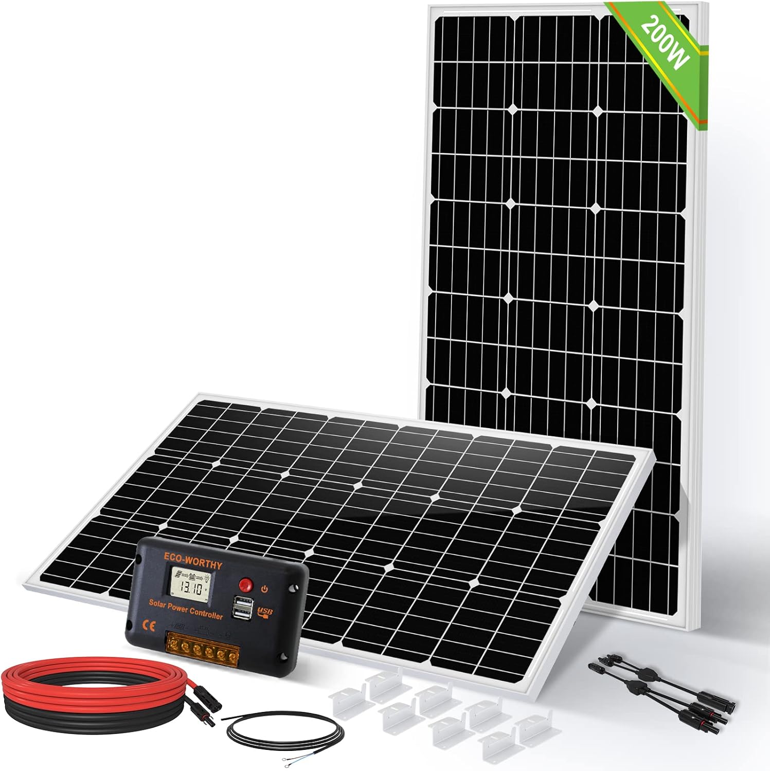 ECO-WORTHY 200W ソーラーパネル PERC 高性能・単結晶・12BB技術採用 発電キット: 100Wパネル*2枚 + 10mケーブル（5m 赤・5m 黒）+ 30A チャージコントローラー + Y 型コネクター + Z 取付金具 小型 車中泊 船舶 屋根 ベランダー 災害対策【超初心者もOK！】【 国際品質保証：ISO 9001・RoHS・TÜV規格品・CE認証取得】