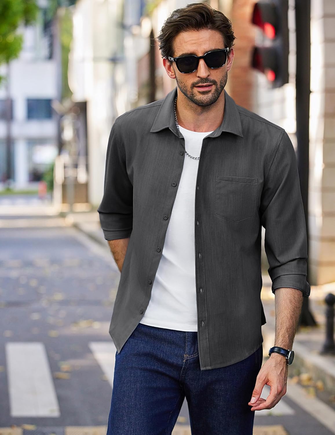COOFANDY Men's Long Sleeve Button Down Shirt Wrinkle Free Untucked Dress Shirt Casual Denim Shirt