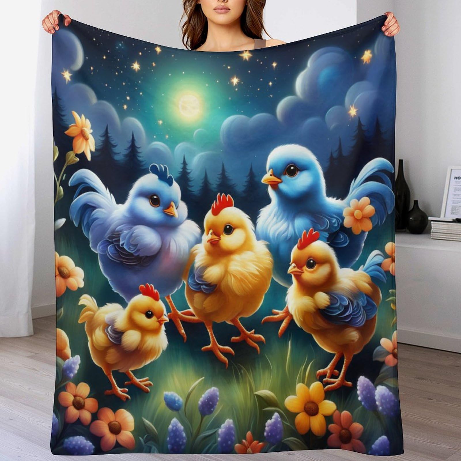 Couverture plaid rigolo poulet mignon 130x150 cm, idée cadeau originale enfant et adulte