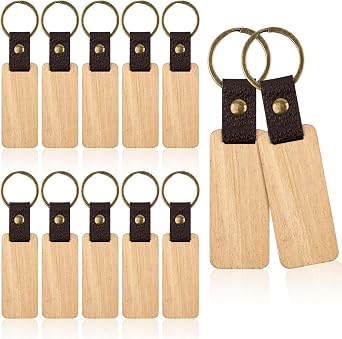 Svalor 12 Pack Wooden Keyrings Blanks, Rectangle Wood Keychains for Laser Engraving, DIY Personalised Key Ring for Crafts, Gifts & Custom Projects