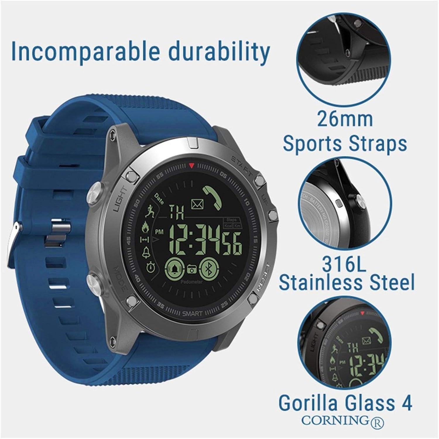 Infographic showing various tracking features of the Zeblaze Vibe 3 smartwatch, including activity record, calorie burn, walking distance, information reminders, alarm alerts, and remote camera control.