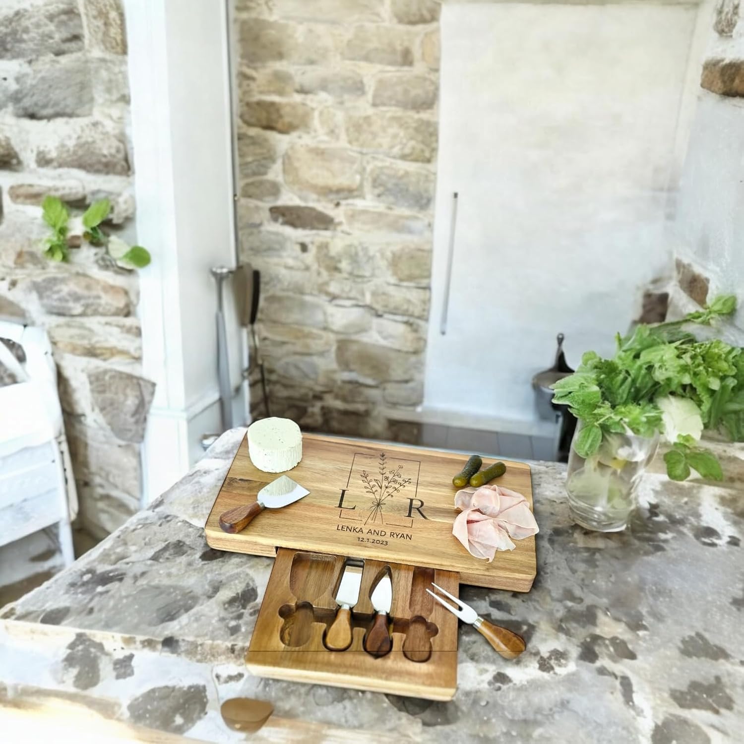 Personalized Charcuterie Board with Cheese Knives - Custom Engraved Cutting Board Set - Wedding Gift, Anniversary, Houswarming Gift for Couple - Acacia Wood Cheese Tray with Drawers