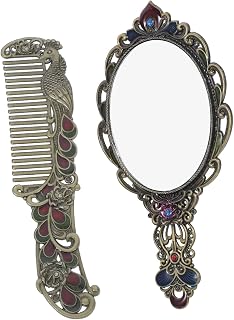 Healeved Vintage Peacock Handheld Mirror with Handle and Comb Lightweight Portable Metal Cosmetic Makeup Mirror for Travel Women and Professional Artists Decorative Compact Vanity Gift
