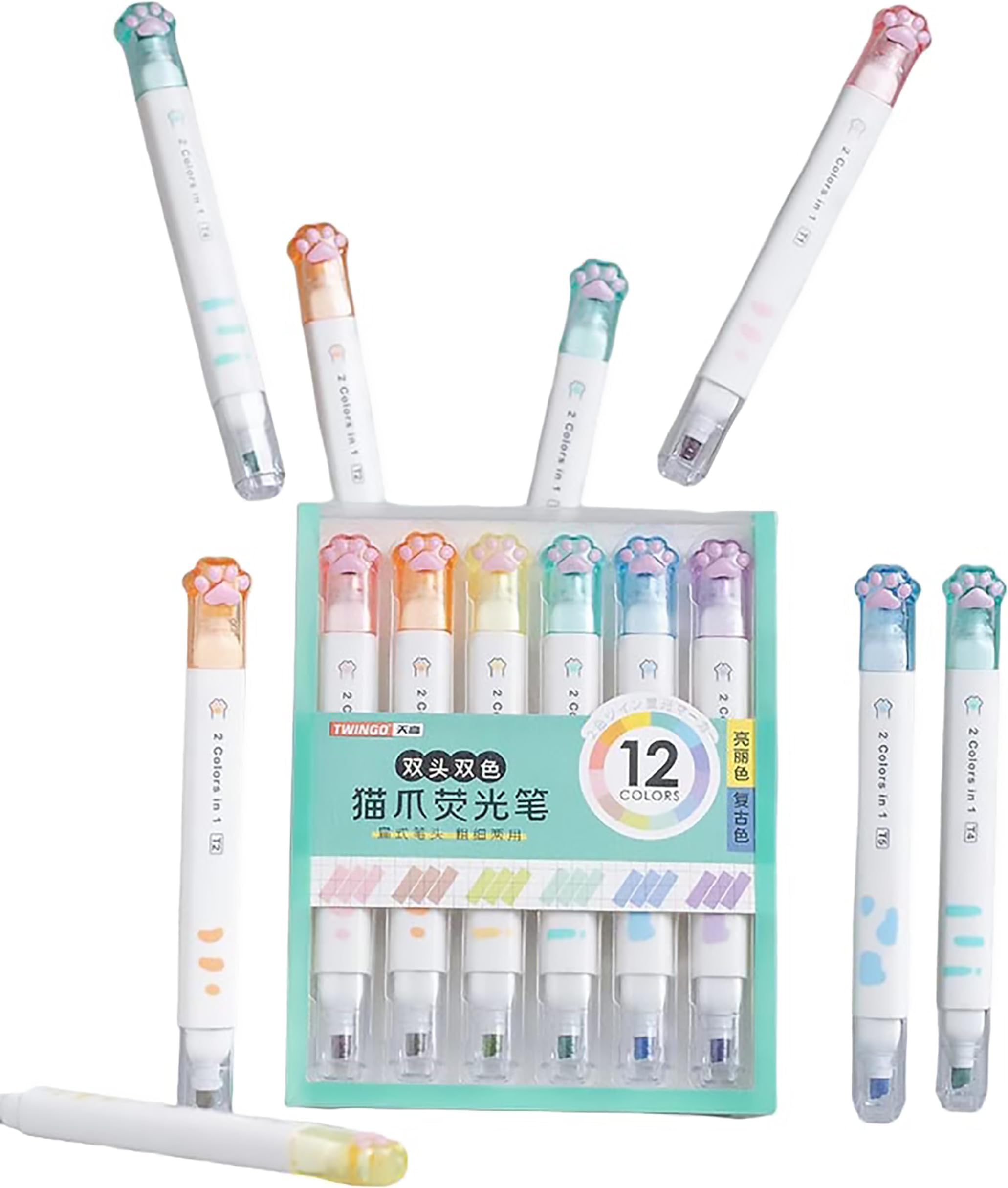 FunBlast Cute Cat Paw Highlighter Pen, 12 Color Highlighters Pens Cute, Dual-Side 2 In 1 Color Highlighter Pens Set, Pack Of 6 Highlighter Pen, Dual Tip Highlighter, Multicolour