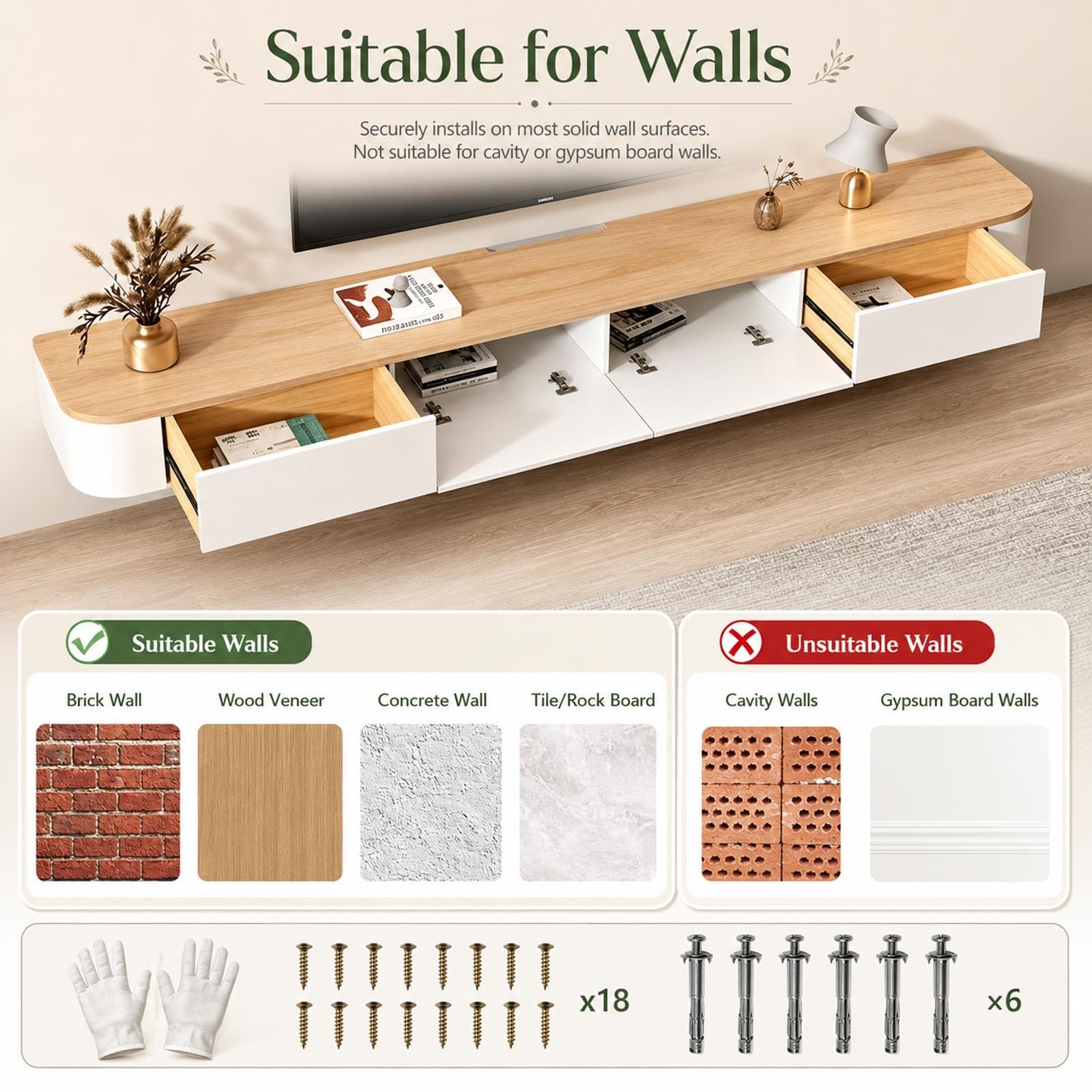 Meuble TV flottant moderne avec lumières LED – Meuble mural en bois massif avec tiroirs et gestion des câbles Finition blanche élégante 200 cm pour salon et chambre à coucher