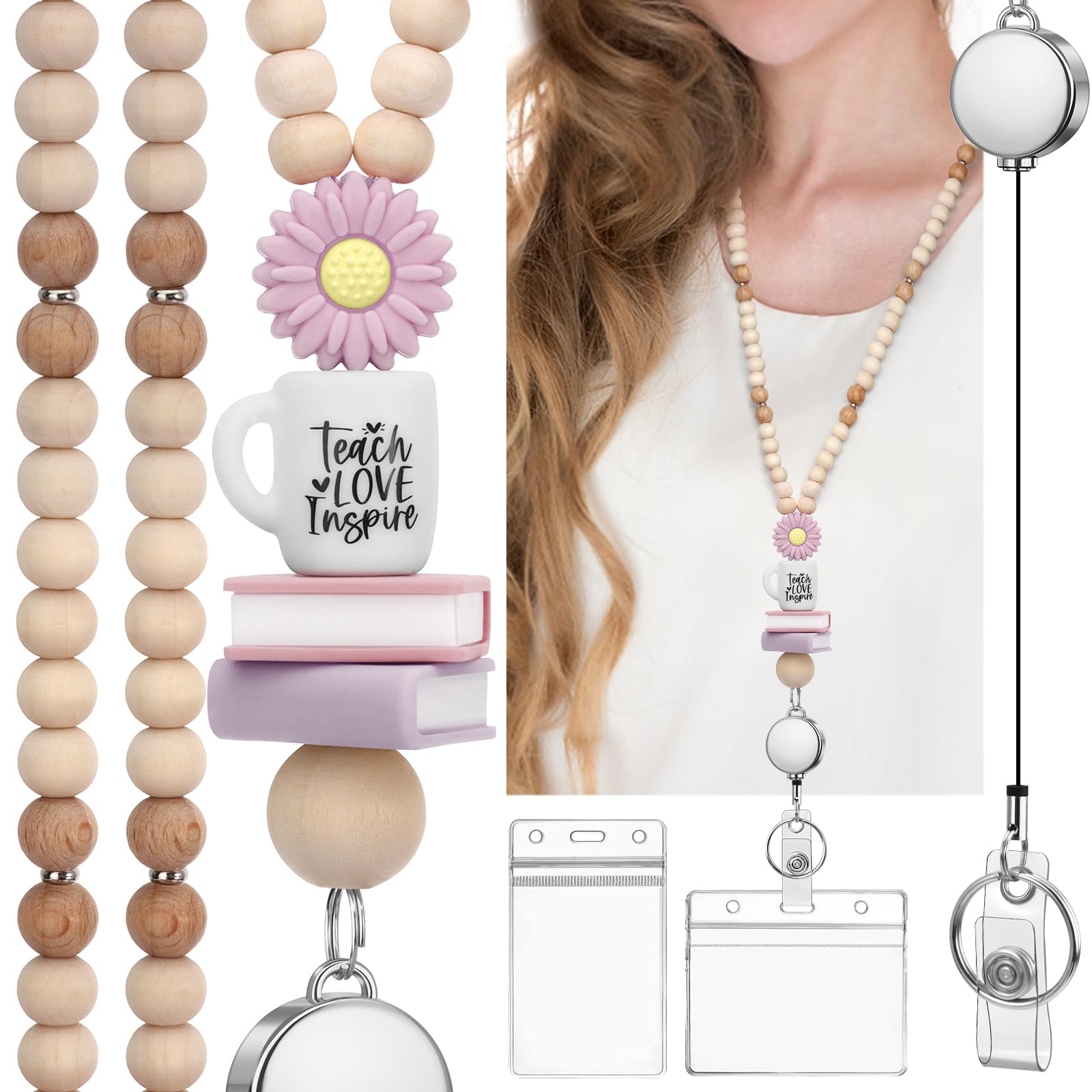 YAVVOZH Teacher Lanyard with Id Holder, Retractable Lanyards for Id Badges Keys, Cute Wooden Beaded Lanyard for Women, Light Purple