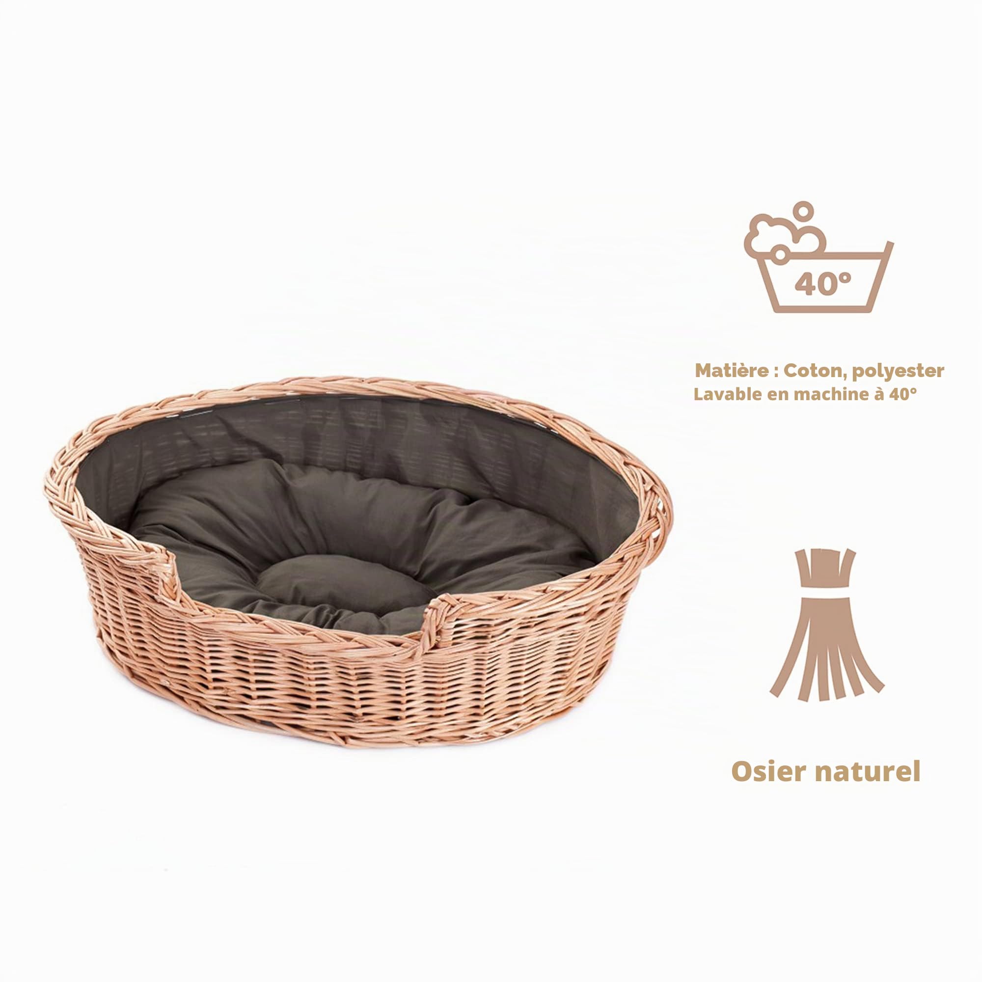 e-wicker24 Corbeille,Panier,Niche,Coussin Ovale pour Chien, doublée avec Coussin Maron (L)
