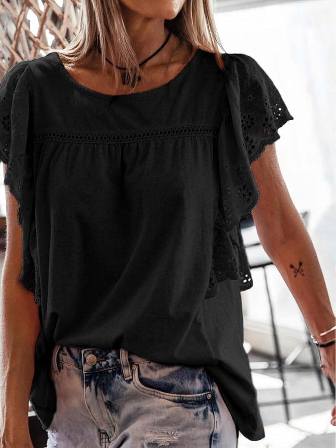 Womens Tops Fashion Blouses For Women Dressy Casual Crochet Shirts Summer 2024 Trendy Crewneck Tunic Bell Sleeves - Image 4