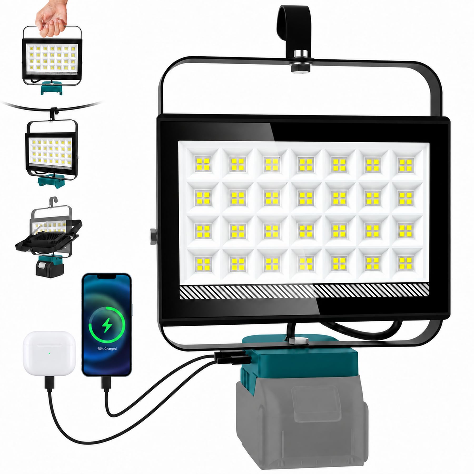 NATPOW 100W 6500LM Lámpara LED de trabajo Compatible con Makita Batería 18V 2 Brightness con 2 Puertos USB Luz de Trabajo Portátil Recargables para Obras, Garaje, Reparación de Coches (sin Batería)