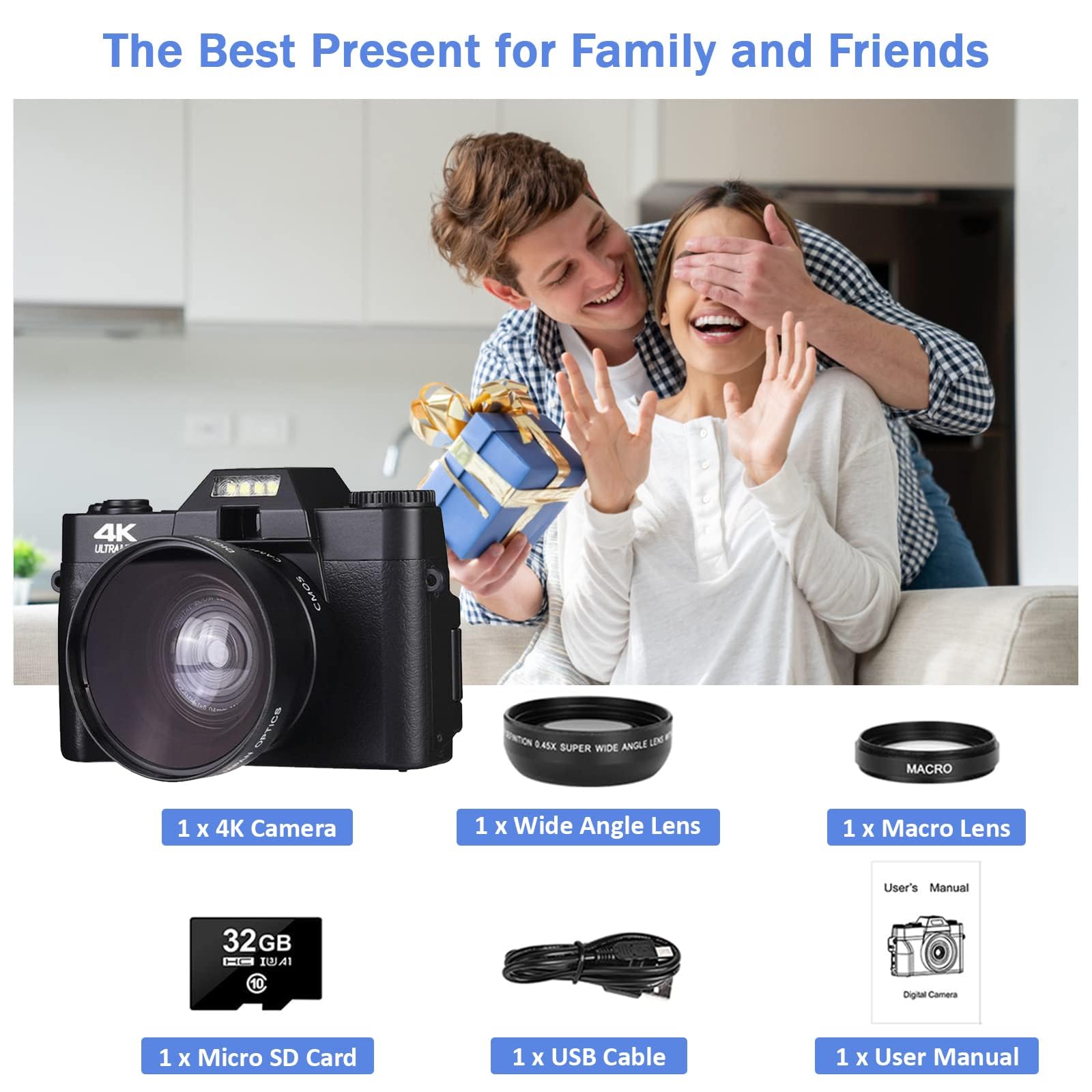 CCN Appareil Photo numérique 4K 48MP, avec 180° Flip 3.0" écran, 16X Zoom numérique Appareil Photo Compact avec Objectif Grand Angle et Macro, 64GB TF Carte, WiFi, Version de Mise à Niveau, Noir