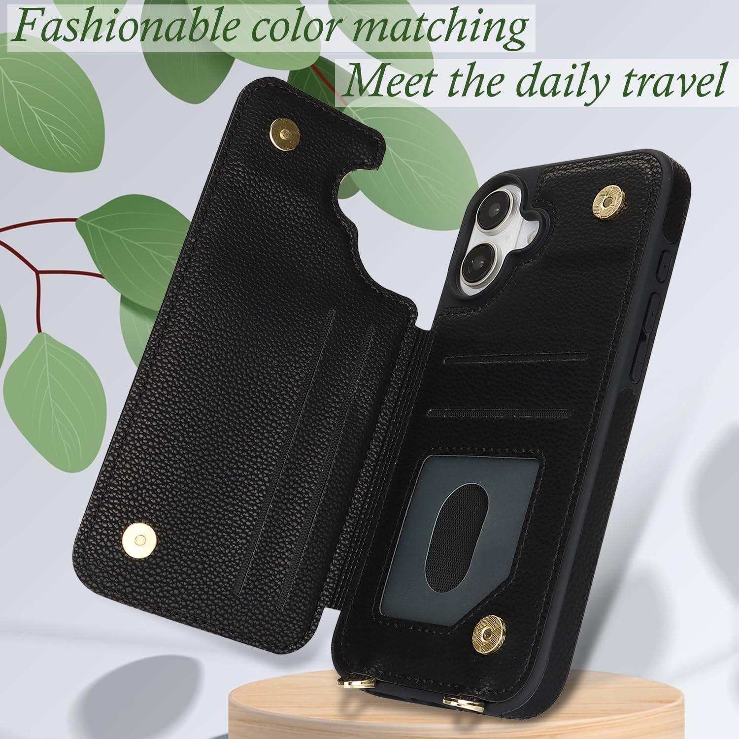 Asuwish Phone Case for iPhone 16 6.1 inch Wallet Cell Cover with Tempered Glass Screen Protector Ring Stand Credit Card Holder Crossbody Lanyard Shoulder Strap i Phone16 i16 16Case Women Girls Black