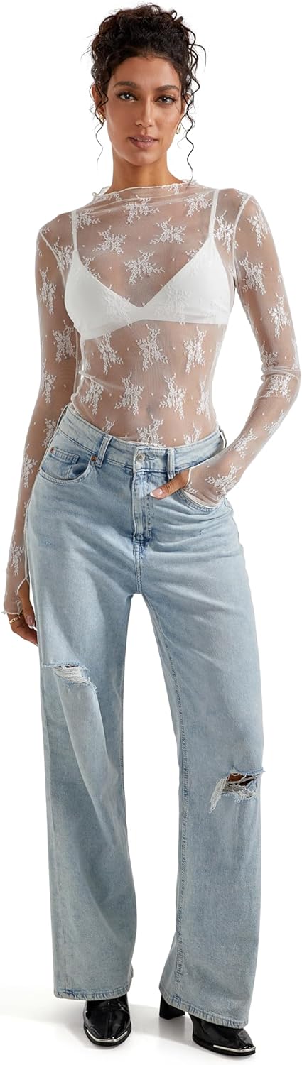 SUUKSESS Women Sexy Mesh Sheer Long Sleeve Tops Mock Neck Going Out Lace Shirts - Image 4