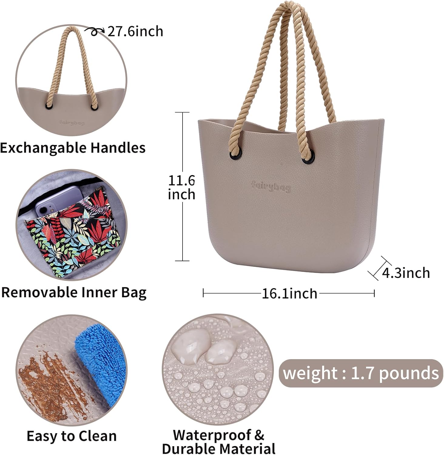 MRMIMI Rubber Tote Handbag with Rope Handles and Faux Leather Strap Lightweight Waterproof Shoulder Bag with EVA Foam Rubber