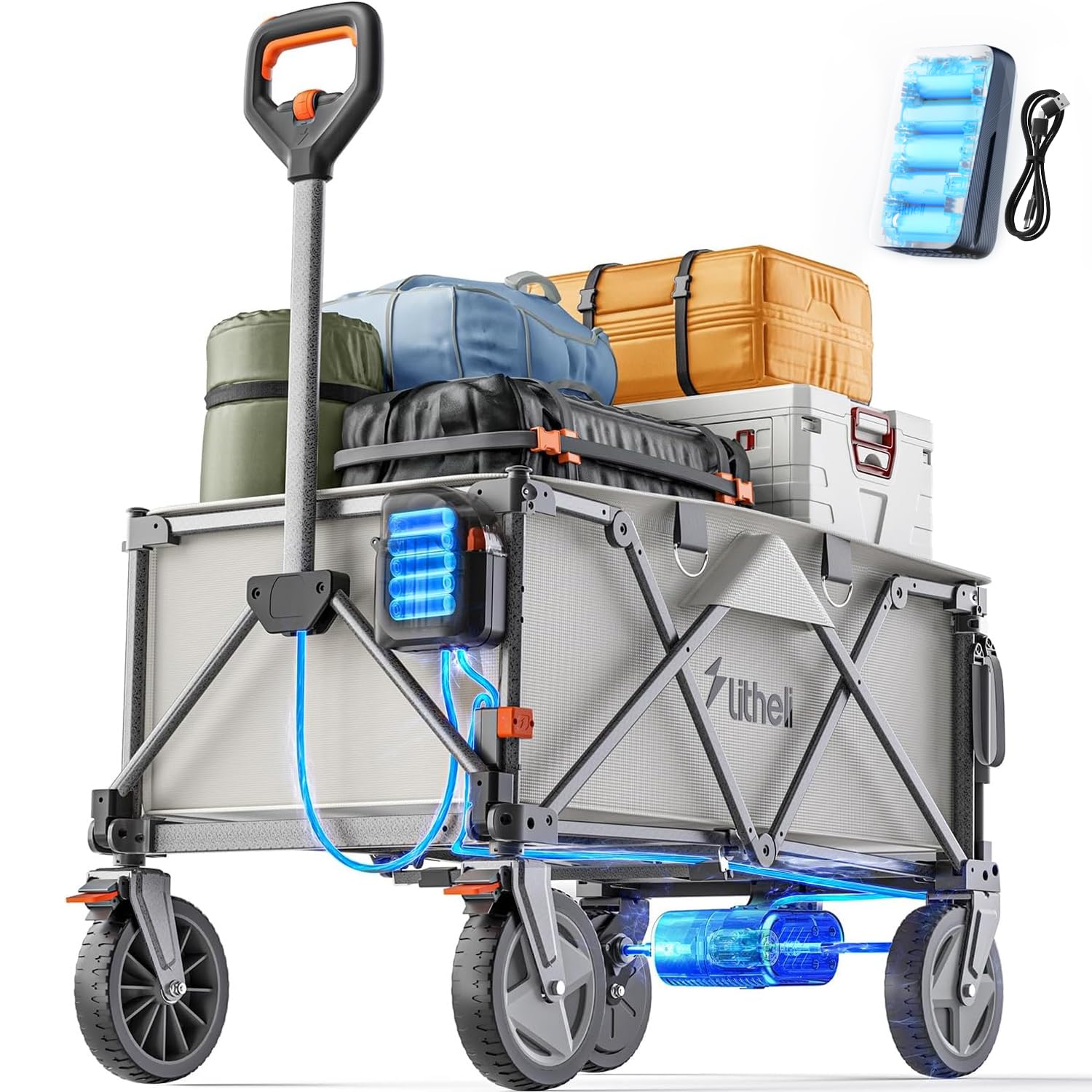Litheli Carretilla eléctrica Plegable, con neumáticos de 20 cm, Capacidad de 200 l, Carga de 60kg, 2 Frenos, Adecuado para Camping, jardín, Compras(Beige Nuevo)