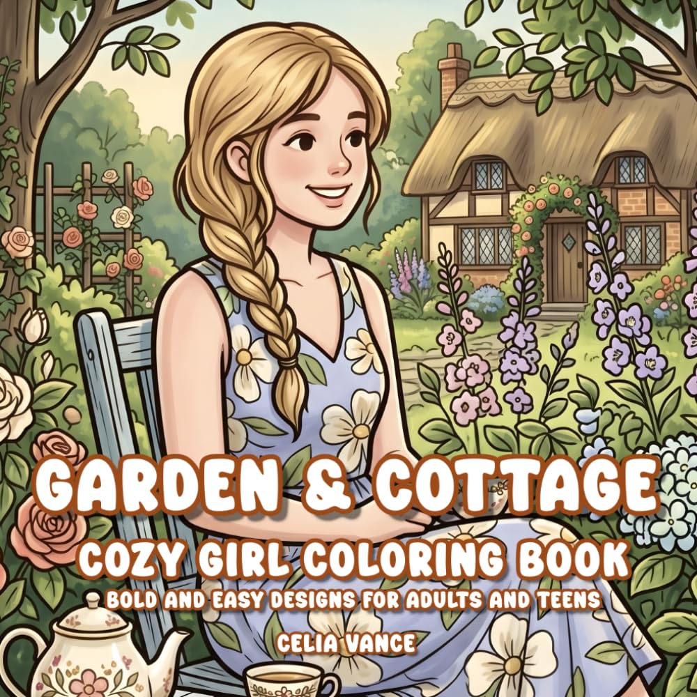 Garden and Cottage Cozy Girl Coloring Book: Bold and Easy Designs for Adults and Teens (Aria's Cozy World)