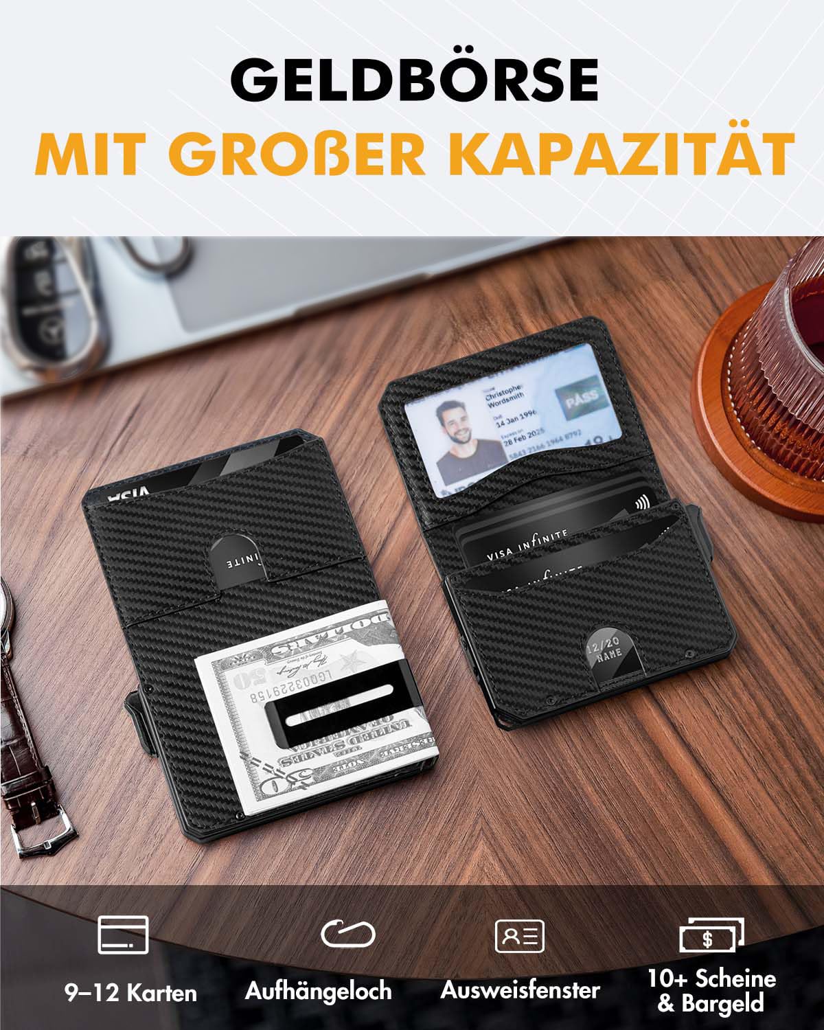 Geldbörse Herren Bifold mit Geldclip, Slim Wallet mit RFID-Schutz, Pop-Up Portmonee Kartenetui Herren, Smart Kreditkartenetui für bis zu 12 Karten (Carbon)