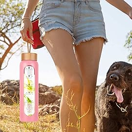 Aqulea Glass Water Bottles 25 Oz with Silicone Sleeve - BPA Free Reusable Wide Mouth Glass Motivational Water Bottles with Fruit Infuser - Leak Proof Borosilicate Water Bottle with Time Marker (Pink)