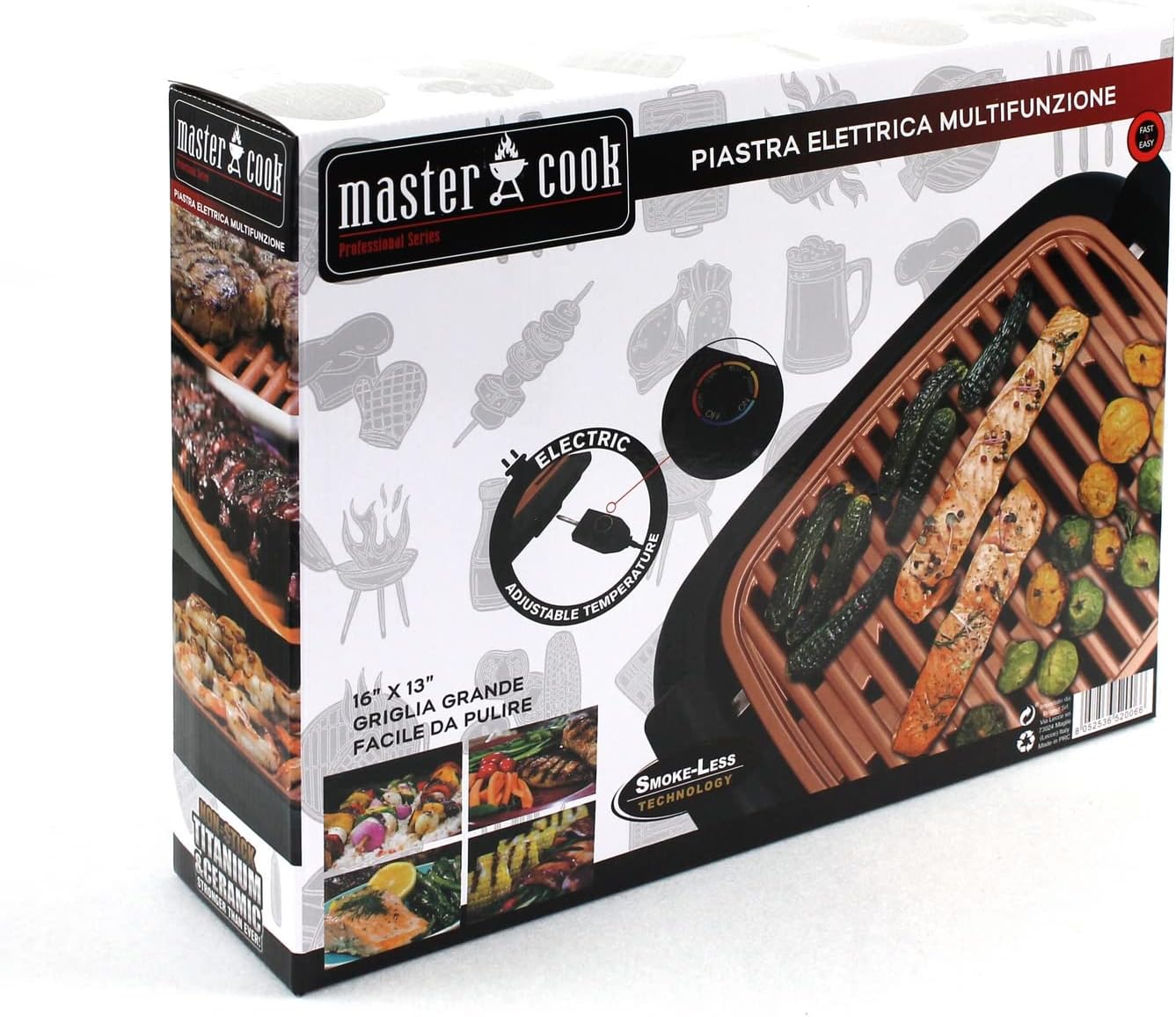 MasterCook - Piastra Elettrica Multifunzione, Griglia Elettrica Senza Fumo Per Barbecue, Grill Compatto E Portatile Per Uso Interno Con Superficie Antiaderente E Vassoio Rimovibile MasterCook - Piastra Elettrica Multifunzione, Griglia Elettrica Senza Fumo Per Barbecue, Grill Compatto E Portatile Per Uso Interno Con Superficie Antiaderente E Vassoio Rimovibile