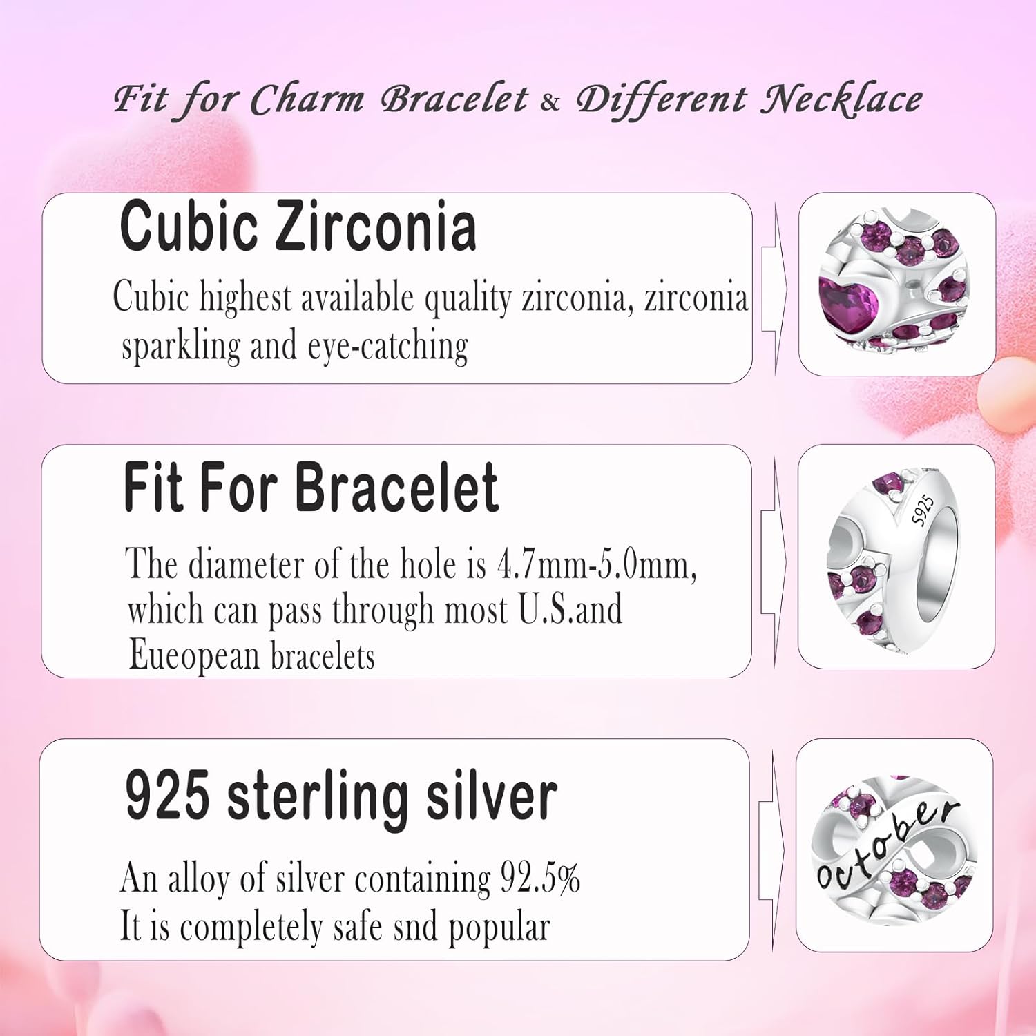 MICOO 925 Sterling Silver Jan-Dec Birthstone Charms For Bracelets and Necklaces, Original DIY Bead Charms With Cubic Zirconias Jewelry Birthday Gifts For Women. - Image 4