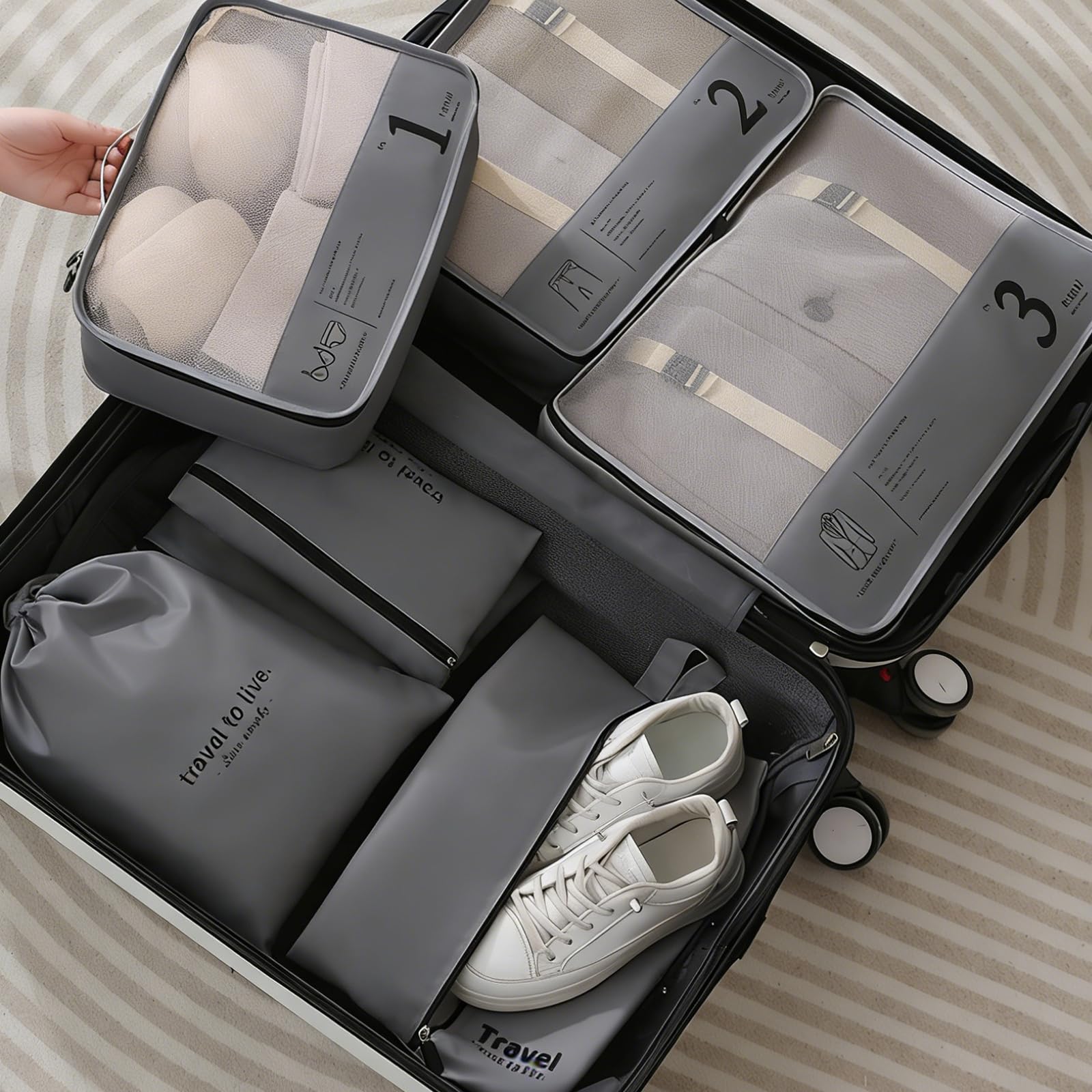 Set di 7 cubi per valigie, organizer leggeri per bagagli, accessori da viaggio, organizer per valigie a compressione, set di borse e cubi da viaggio, per viaggi, borse da imballaggio per vestiti