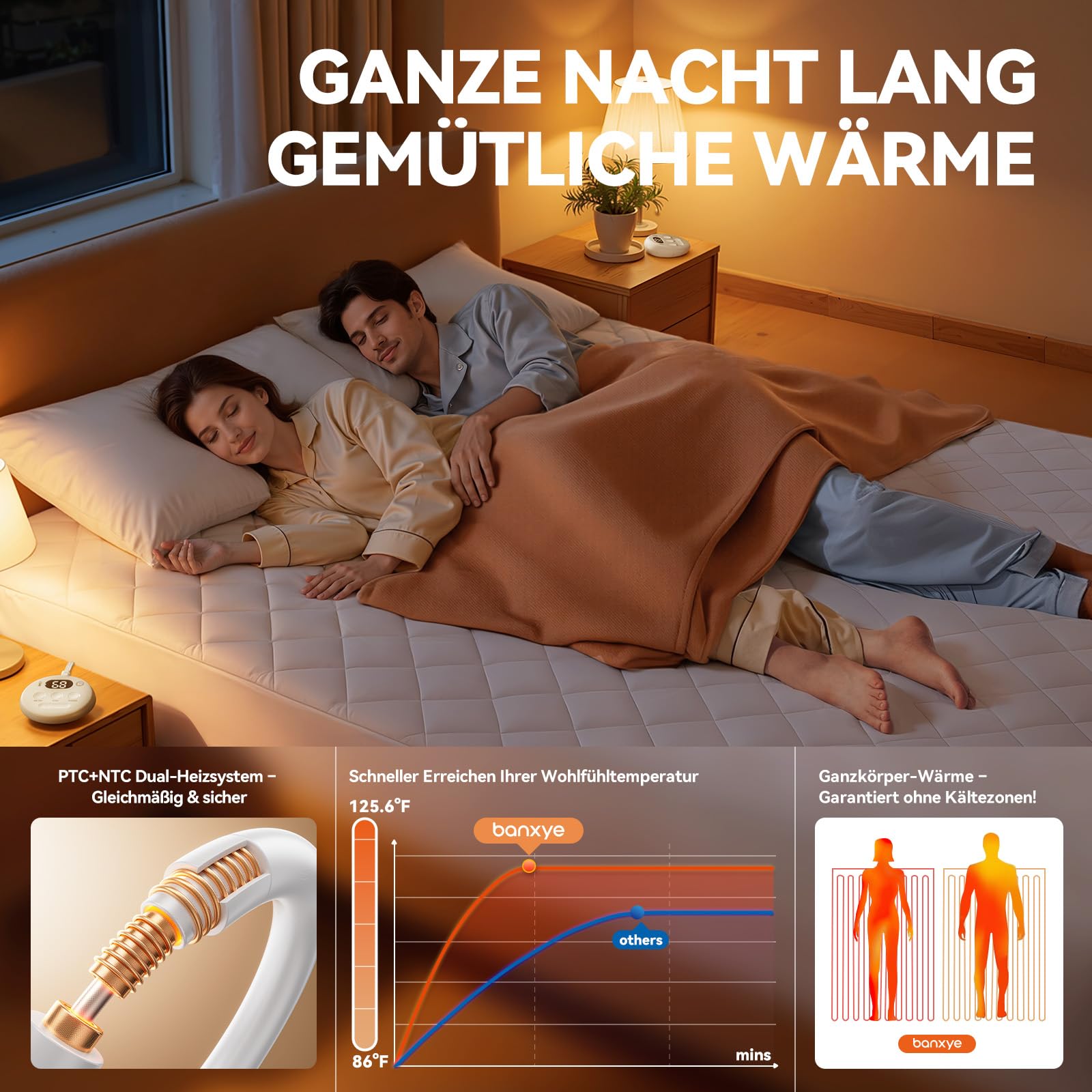 Wärmeunterbett 160x200 cm, Heizunterbett mit Unabhängige Temperaturregelung, Schnelle Aufheizung, 6 Heizstufen, 1-10h Timer, Überhitzungsschutz, Wärmedecke ist mit Tiefe Tasche und Maschinenwäsche
