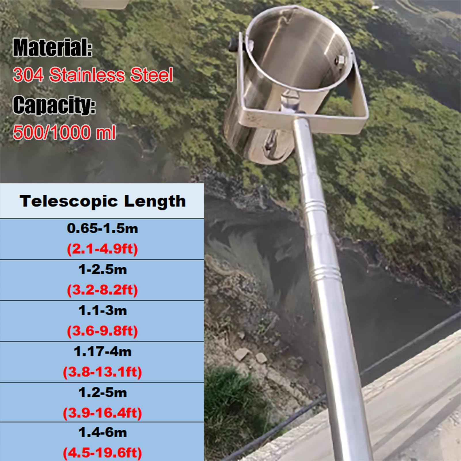 Extra Long Water Sample Rod/Water Sampling Dipper, Telescopic Vertical Swing Sampler for Pond Stream Pool, Pendulum Beaker Sampler Ladle(500ml,1.2-5m/3.9-16.4ft)